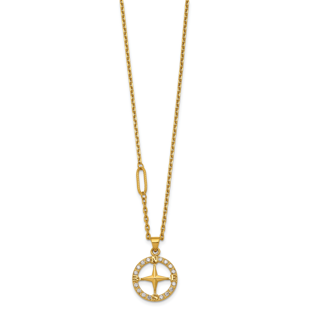 Gold-Tone Polished Cubic Zirconia Compass Stainless Steel Necklace