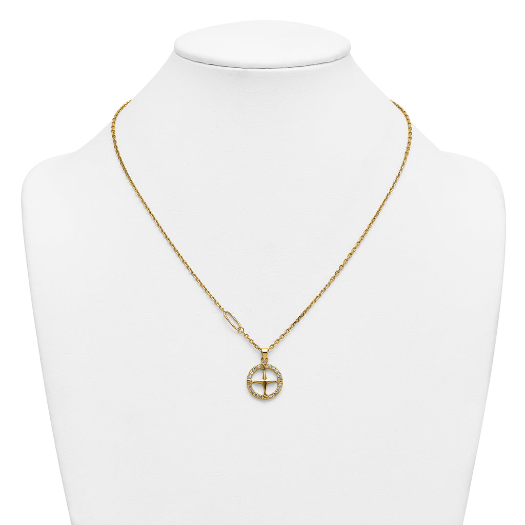 Gold-Tone Polished Cubic Zirconia Compass Stainless Steel Necklace