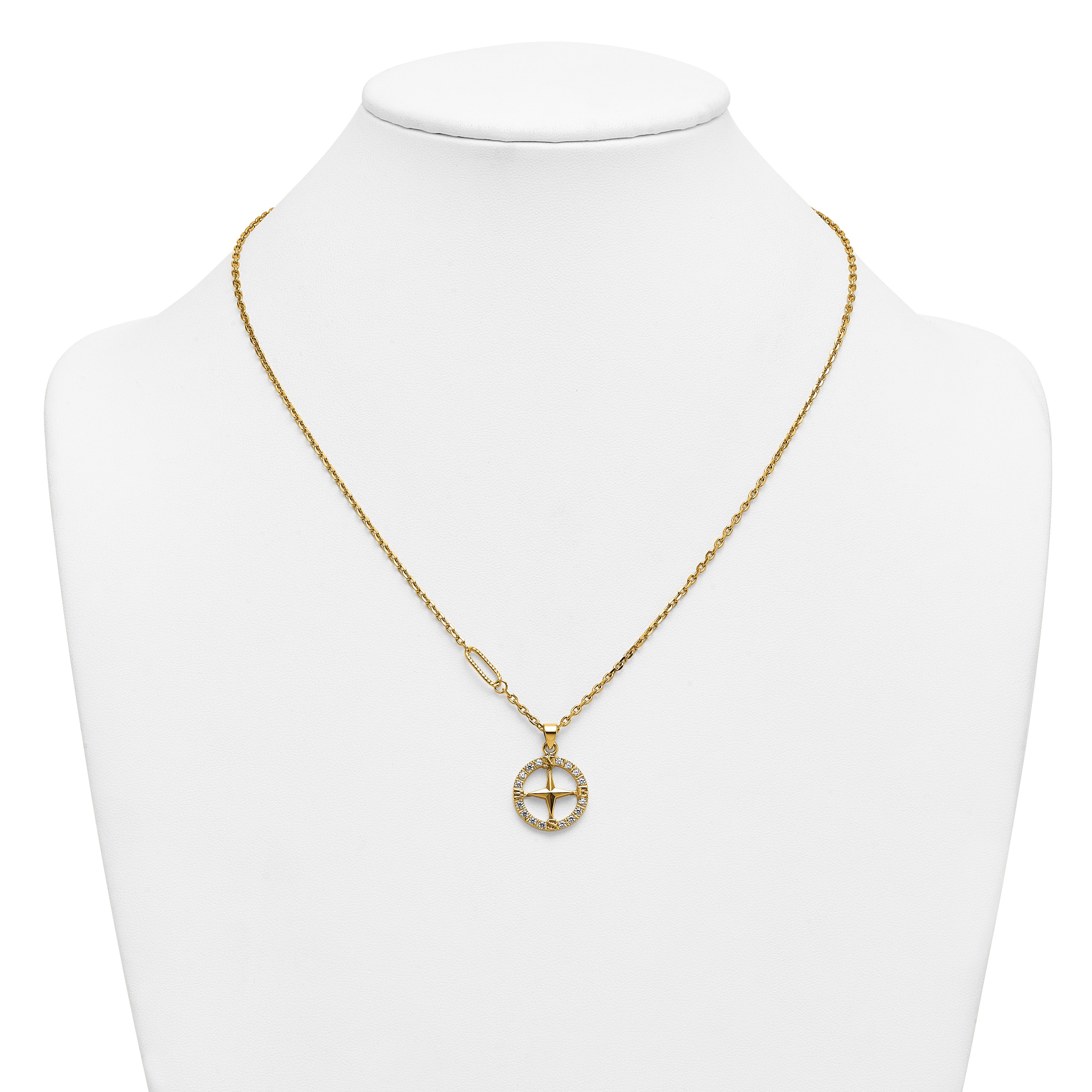 Gold-Tone Polished Cubic Zirconia Compass Stainless Steel Necklace