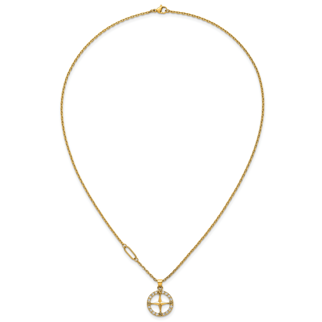 Gold-Tone Polished Cubic Zirconia Compass Stainless Steel Necklace
