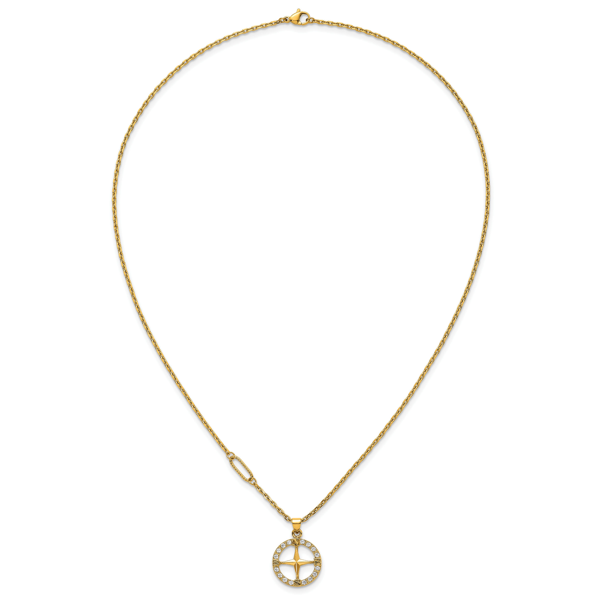 Gold-Tone Polished Cubic Zirconia Compass Stainless Steel Necklace