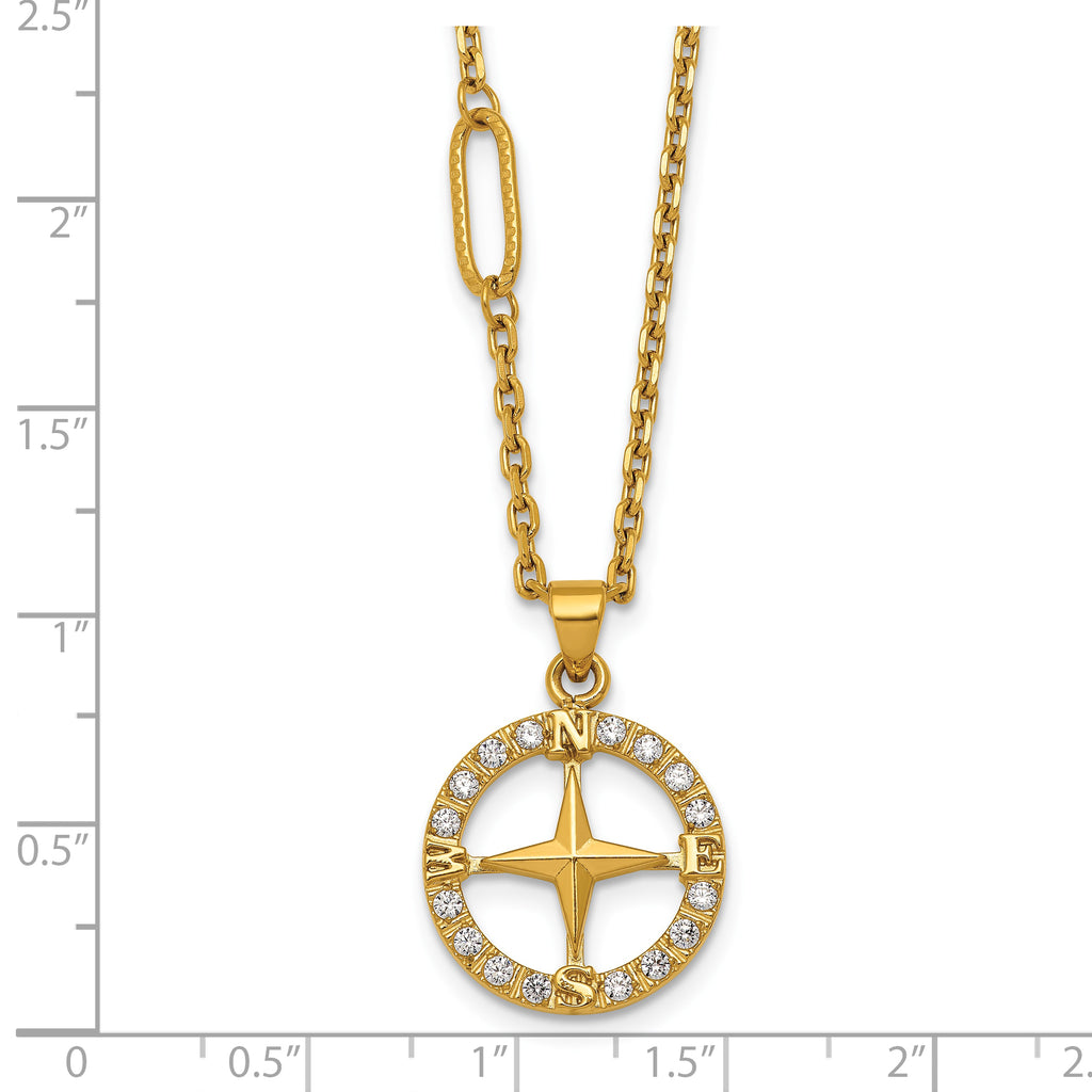 Gold-Tone Polished Cubic Zirconia Compass Stainless Steel Necklace