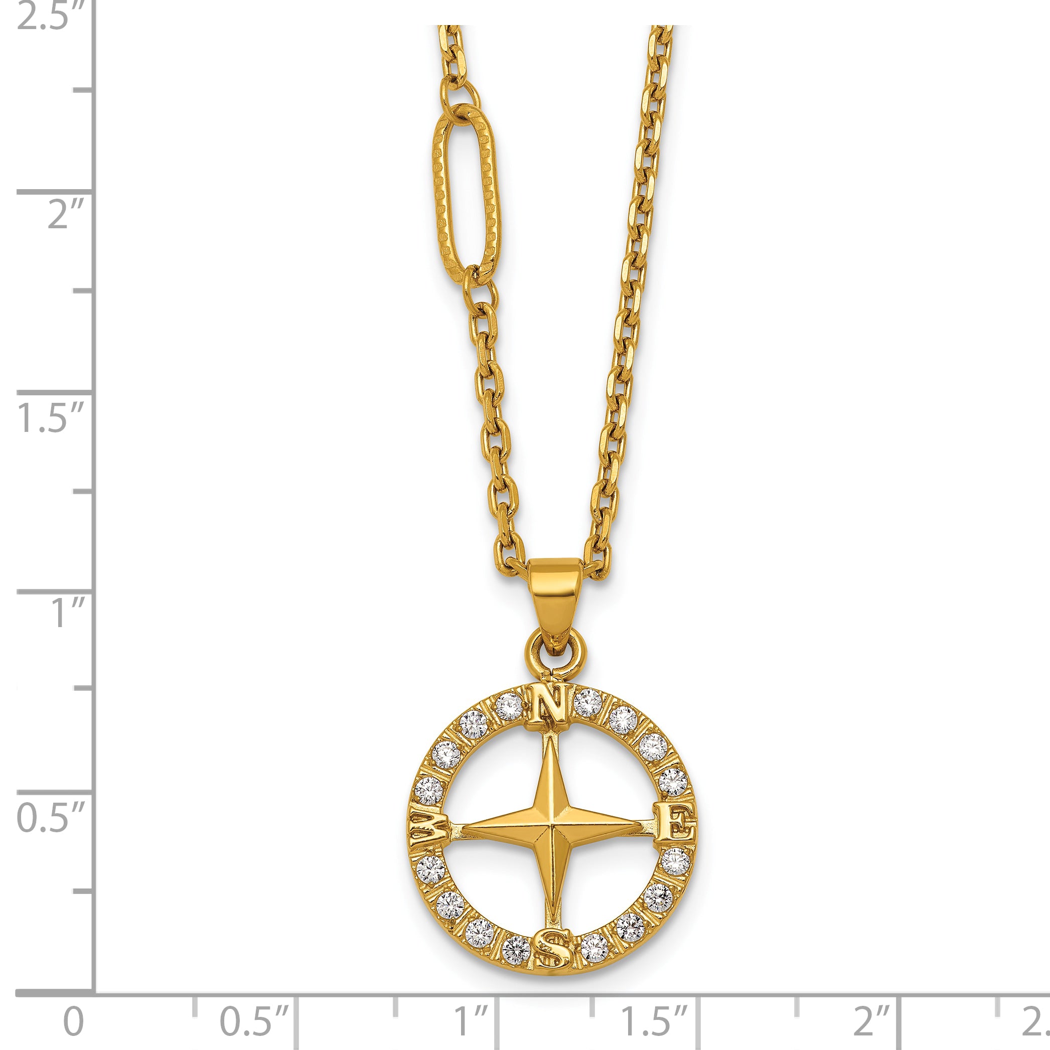 Gold-Tone Polished Cubic Zirconia Compass Stainless Steel Necklace