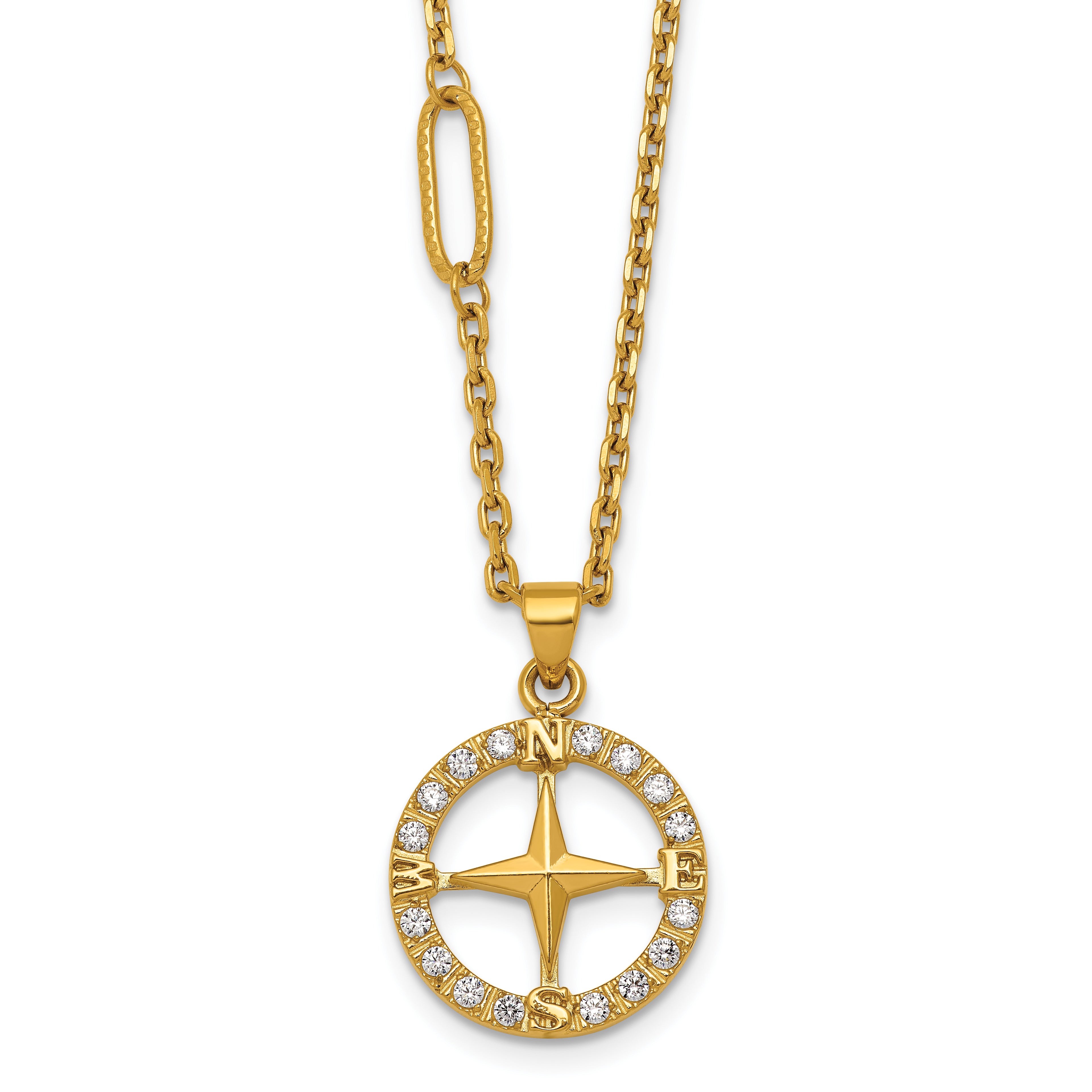 Gold-Tone Polished Cubic Zirconia Compass Stainless Steel Necklace
