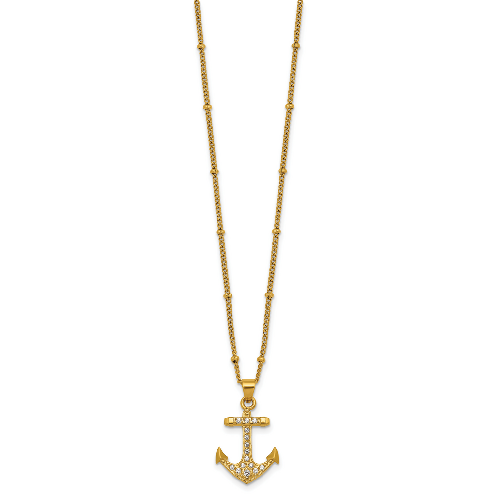 Gold-Tone Polished Cubic Zirconia Anchor Stainless Steel Necklace