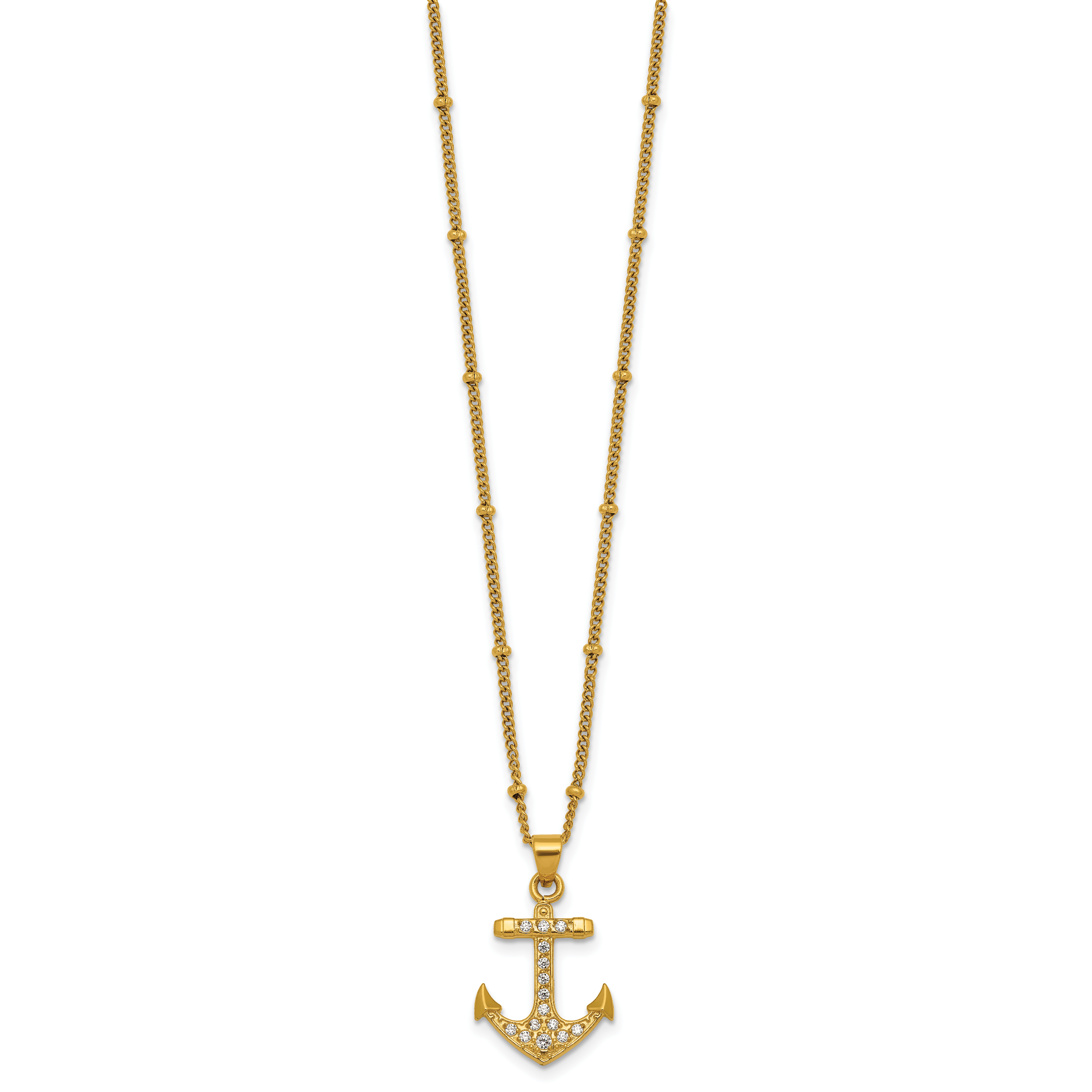 Gold-Tone Polished Cubic Zirconia Anchor Stainless Steel Necklace