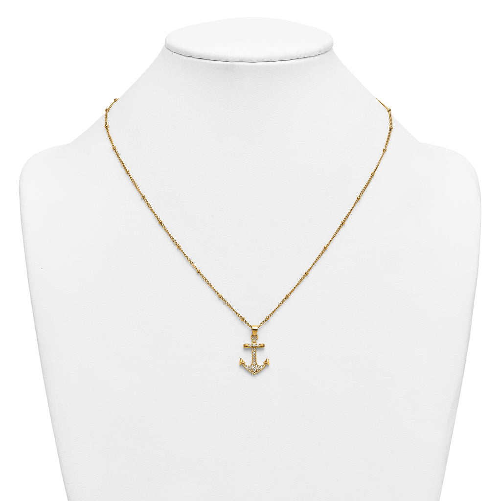Gold-Tone Polished Cubic Zirconia Anchor Stainless Steel Necklace