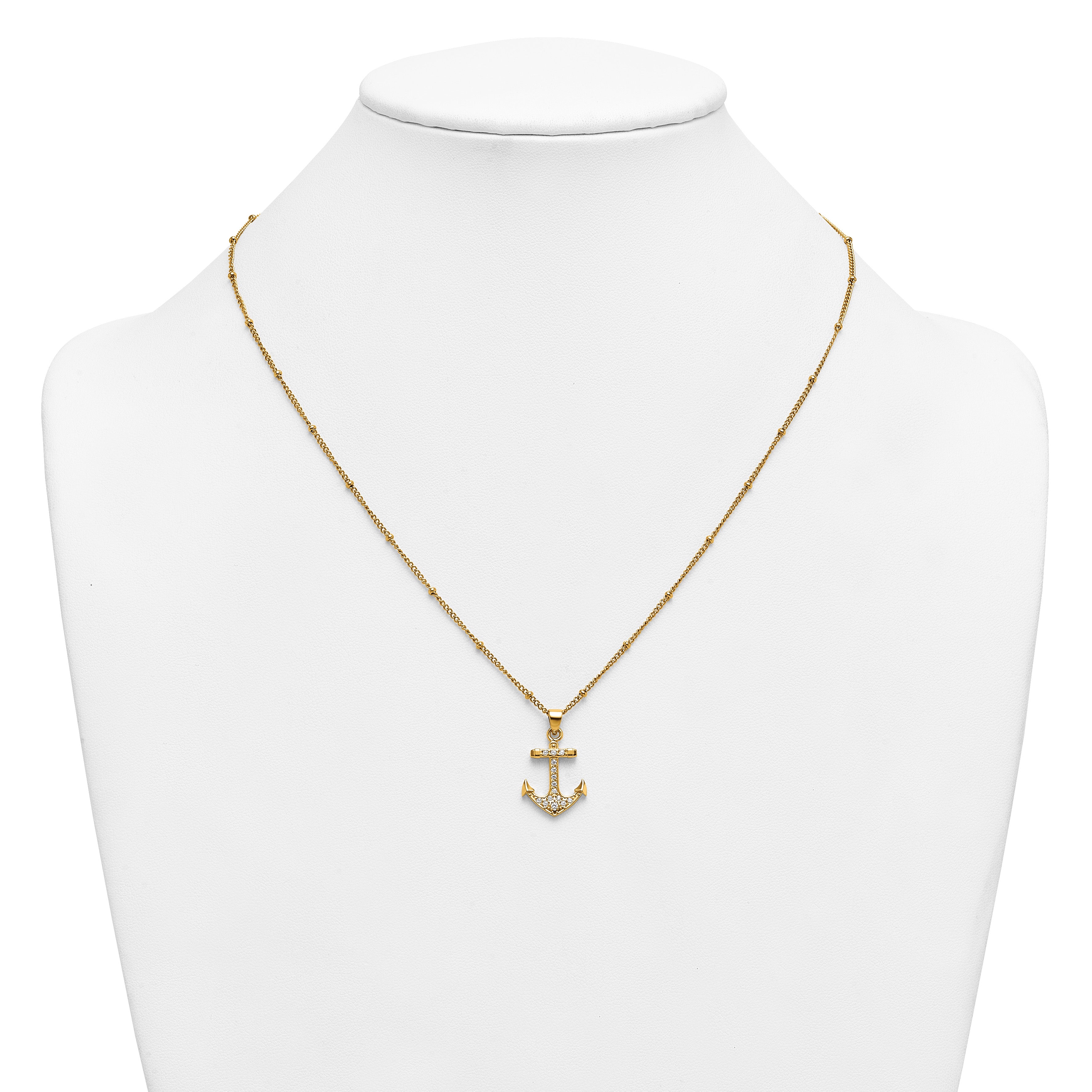 Gold-Tone Polished Cubic Zirconia Anchor Stainless Steel Necklace