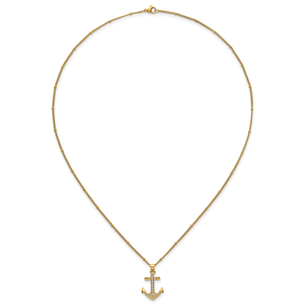 Gold-Tone Polished Cubic Zirconia Anchor Stainless Steel Necklace