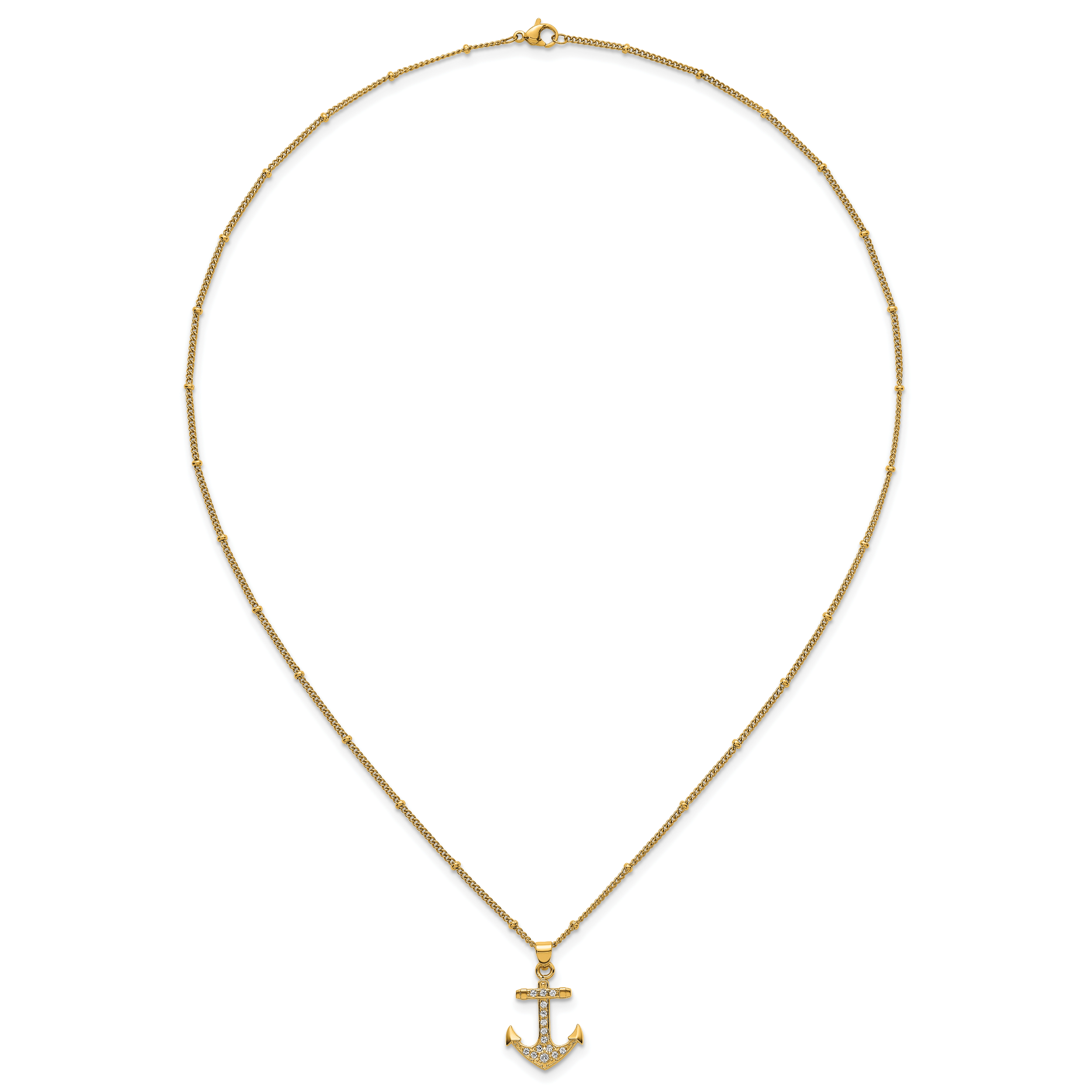 Gold-Tone Polished Cubic Zirconia Anchor Stainless Steel Necklace