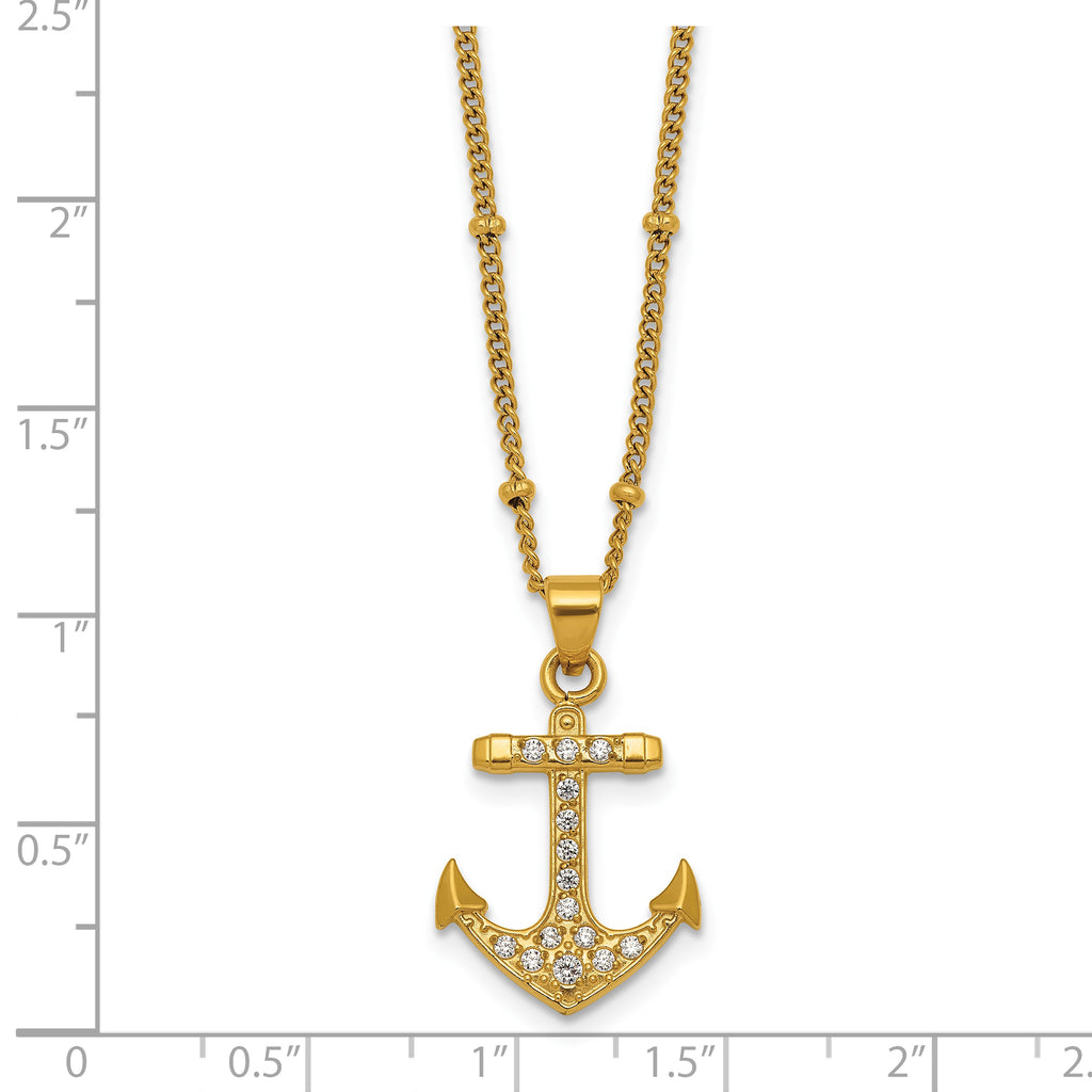 Gold-Tone Polished Cubic Zirconia Anchor Stainless Steel Necklace