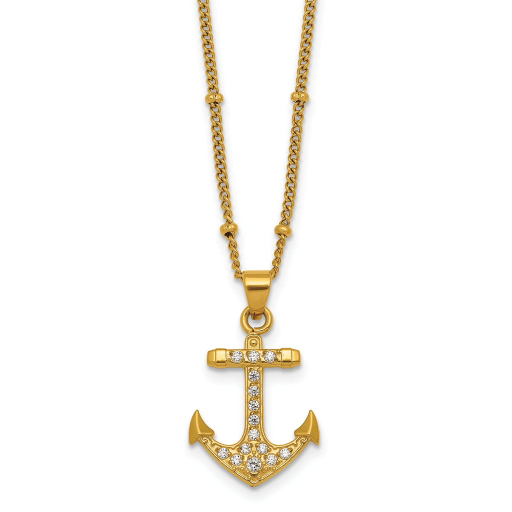 Gold-Tone Polished Cubic Zirconia Anchor Stainless Steel Necklace
