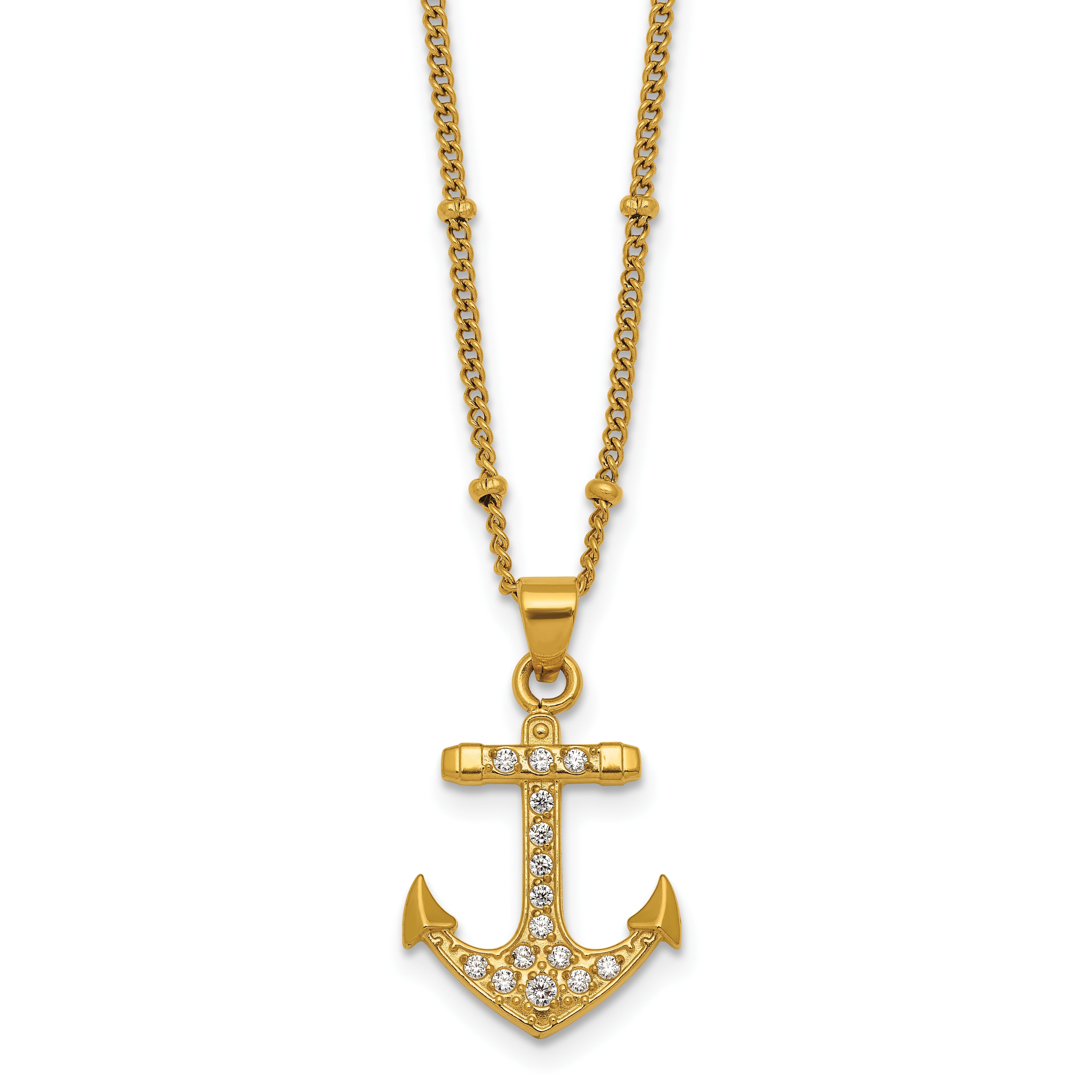 Gold-Tone Polished Cubic Zirconia Anchor Stainless Steel Necklace