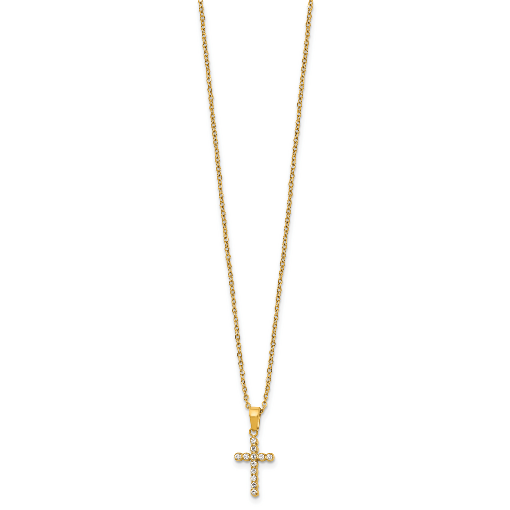 Gold-Tone Polished Cubic Zirconia Cross Stainless Steel Necklace