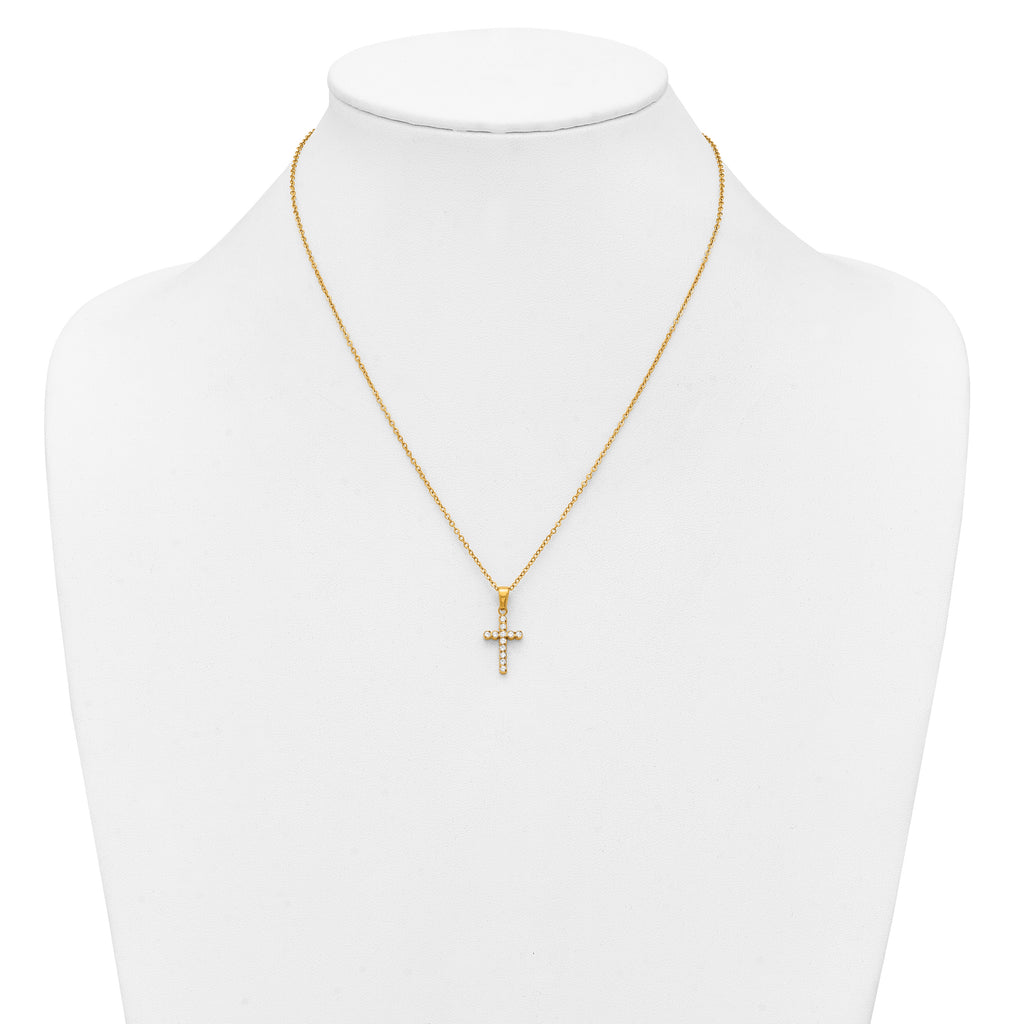 Gold-Tone Polished Cubic Zirconia Cross Stainless Steel Necklace