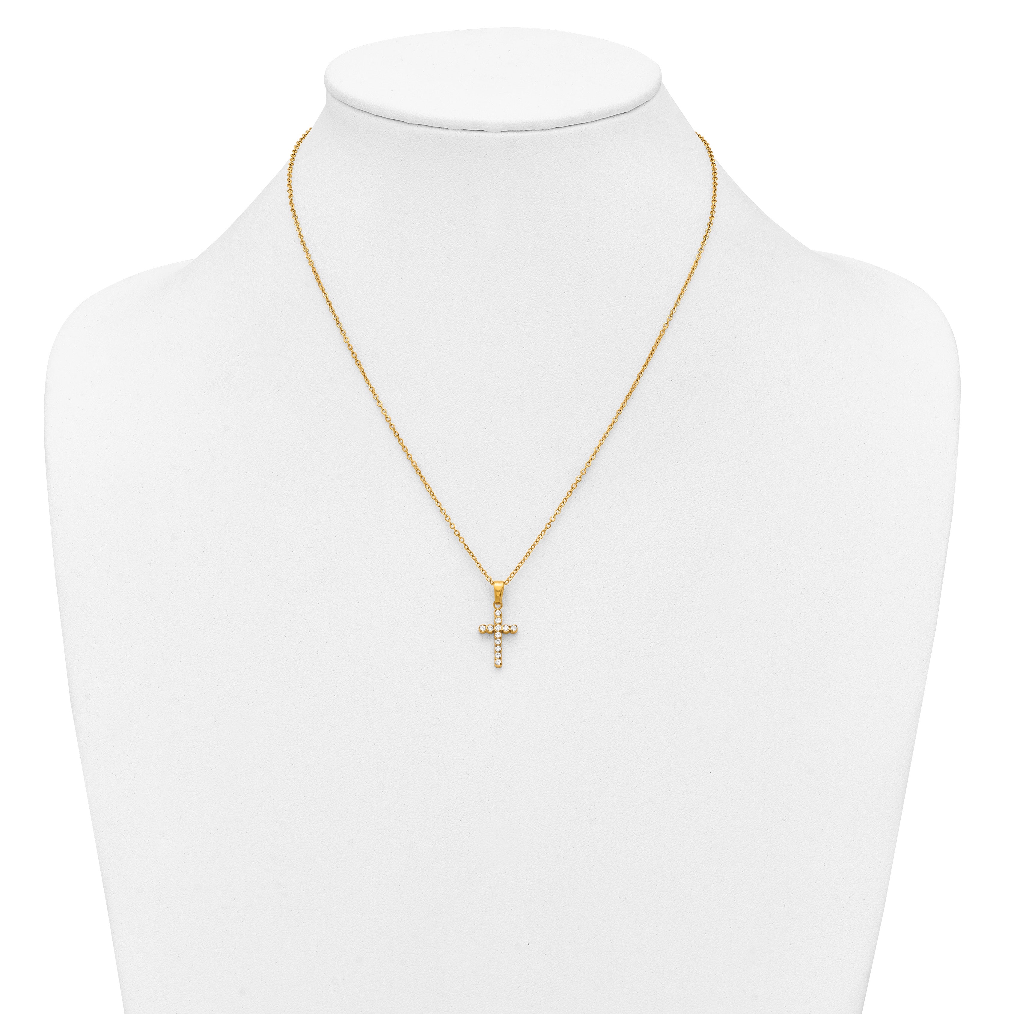 Gold-Tone Polished Cubic Zirconia Cross Stainless Steel Necklace