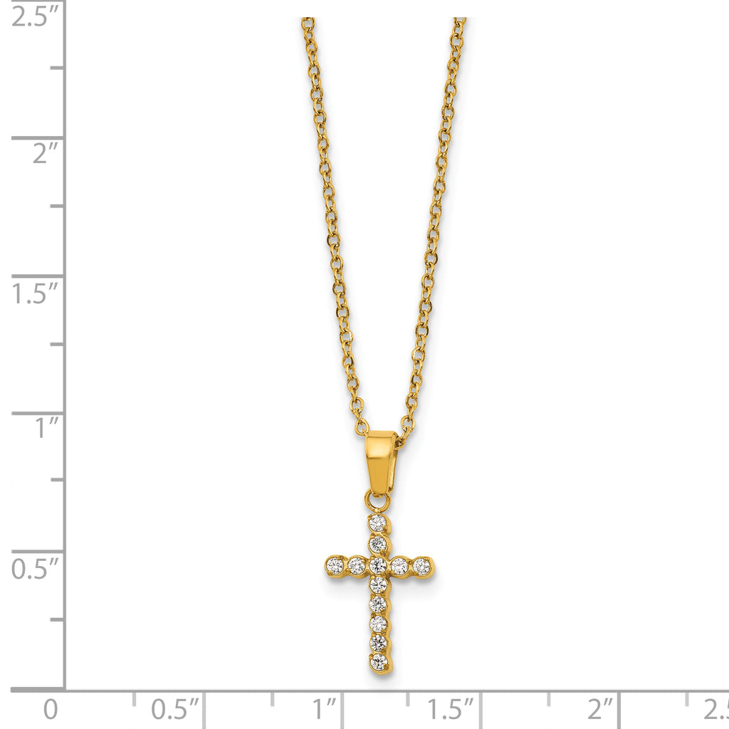 Gold-Tone Polished Cubic Zirconia Cross Stainless Steel Necklace