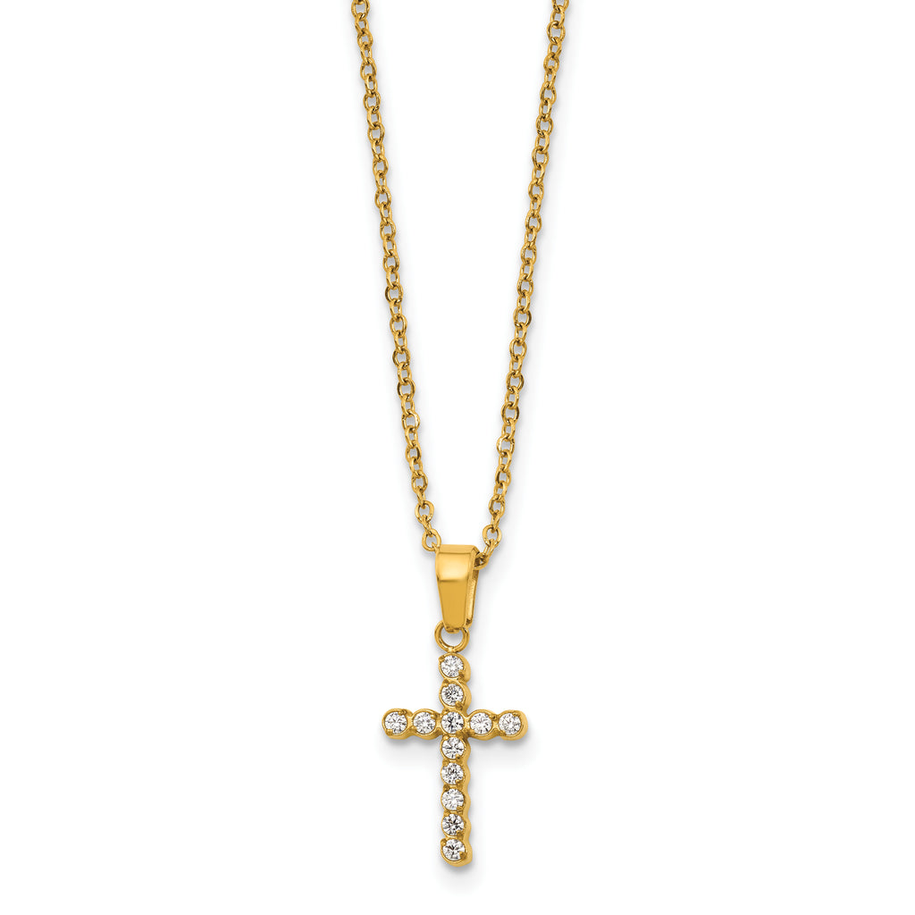 Gold-Tone Polished Cubic Zirconia Cross Stainless Steel Necklace