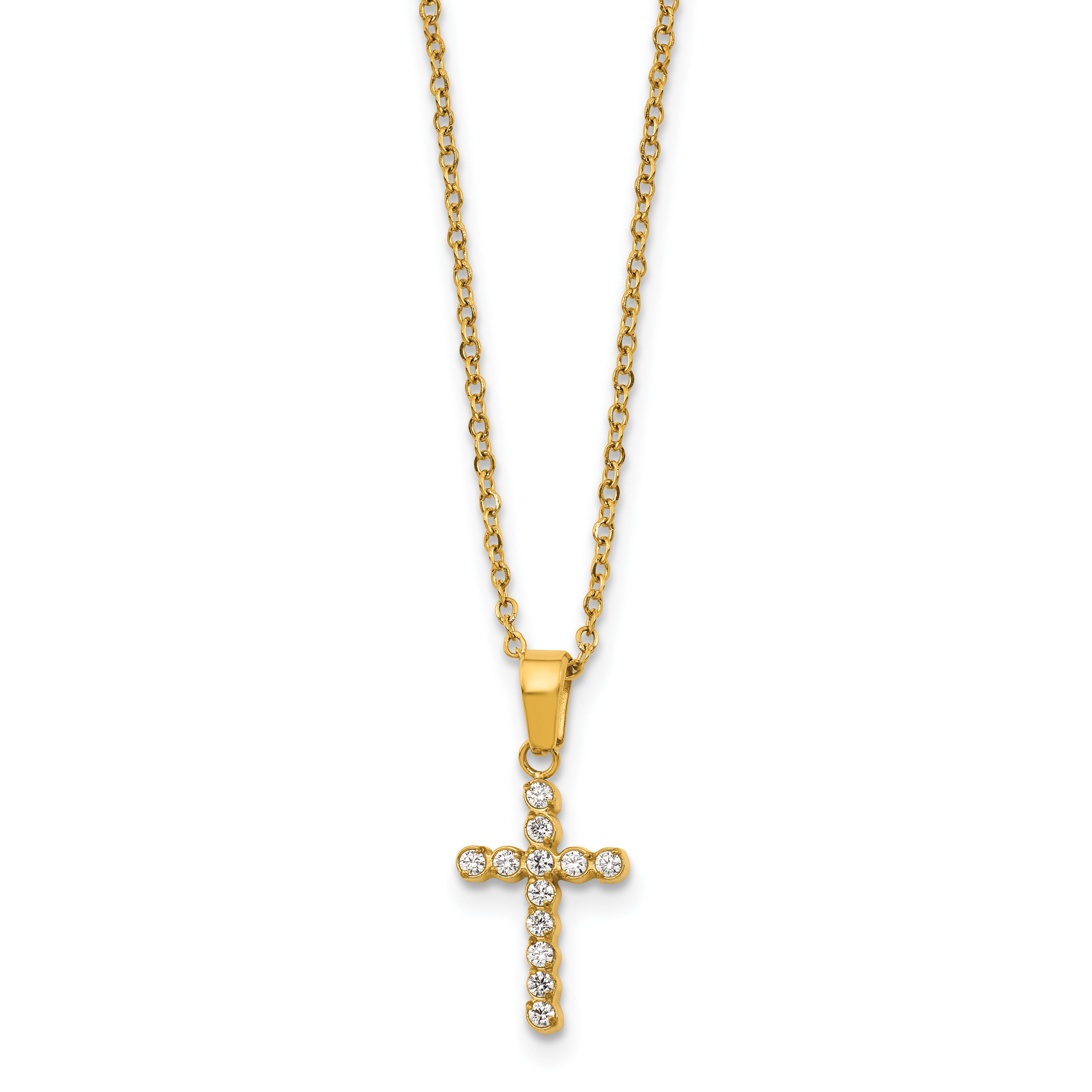 Gold-Tone Polished Cubic Zirconia Cross Stainless Steel Necklace