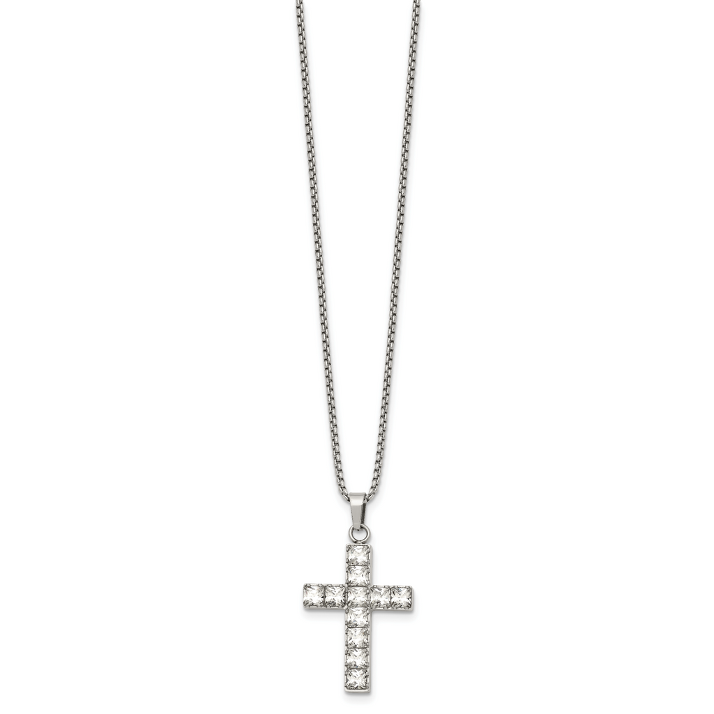 Polished Cubic Zirconia Cross Stainless Steel Necklace 18in