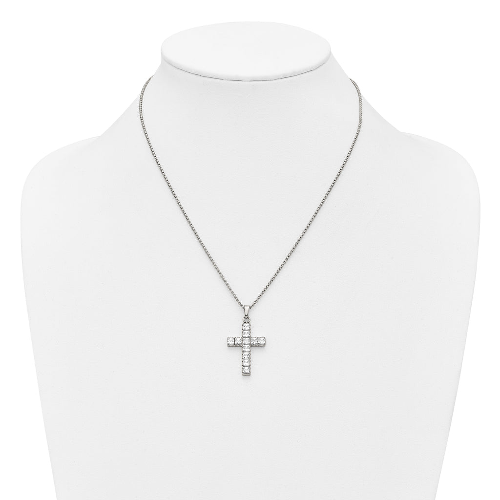Polished Cubic Zirconia Cross Stainless Steel Necklace 18in
