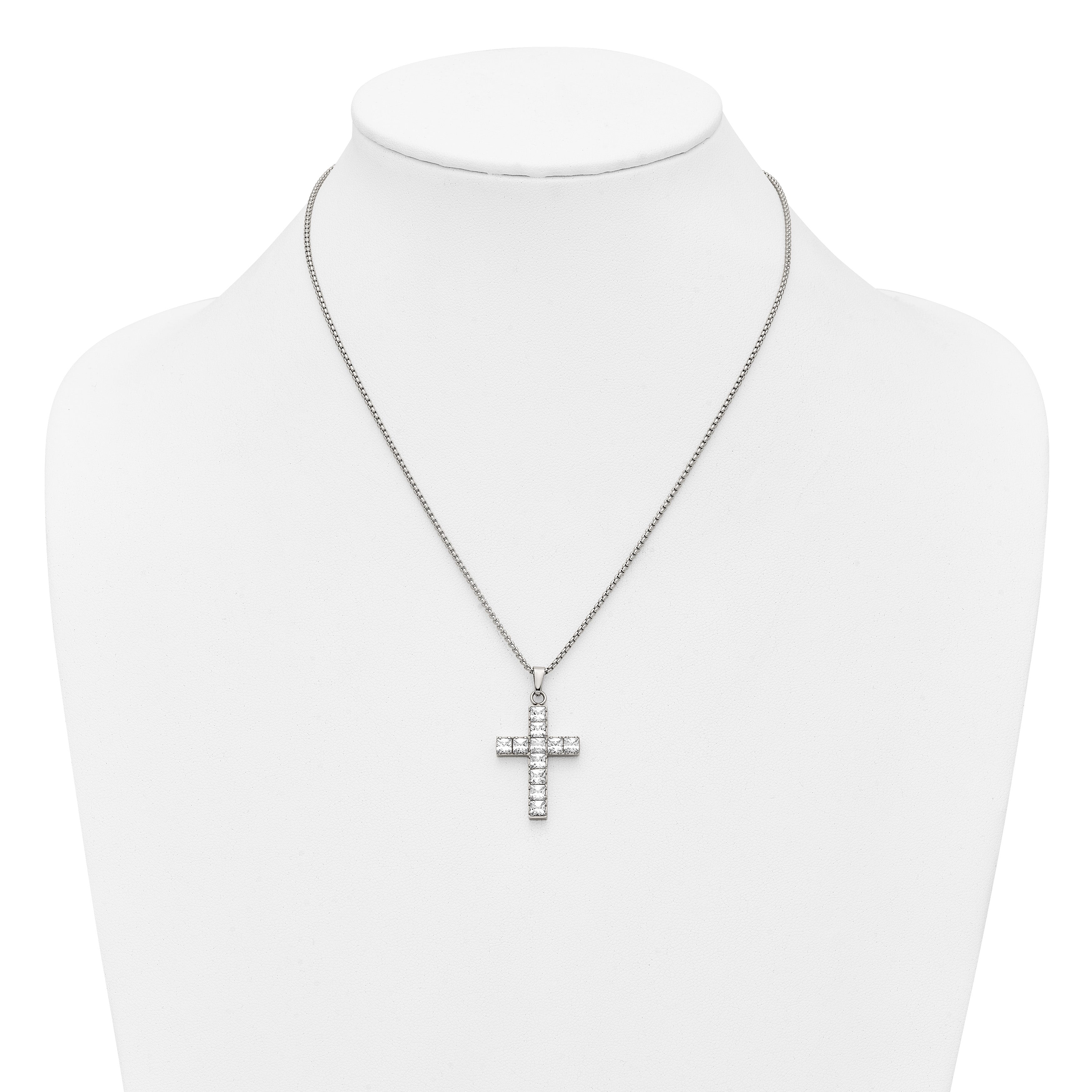 Polished Cubic Zirconia Cross Stainless Steel Necklace 18in