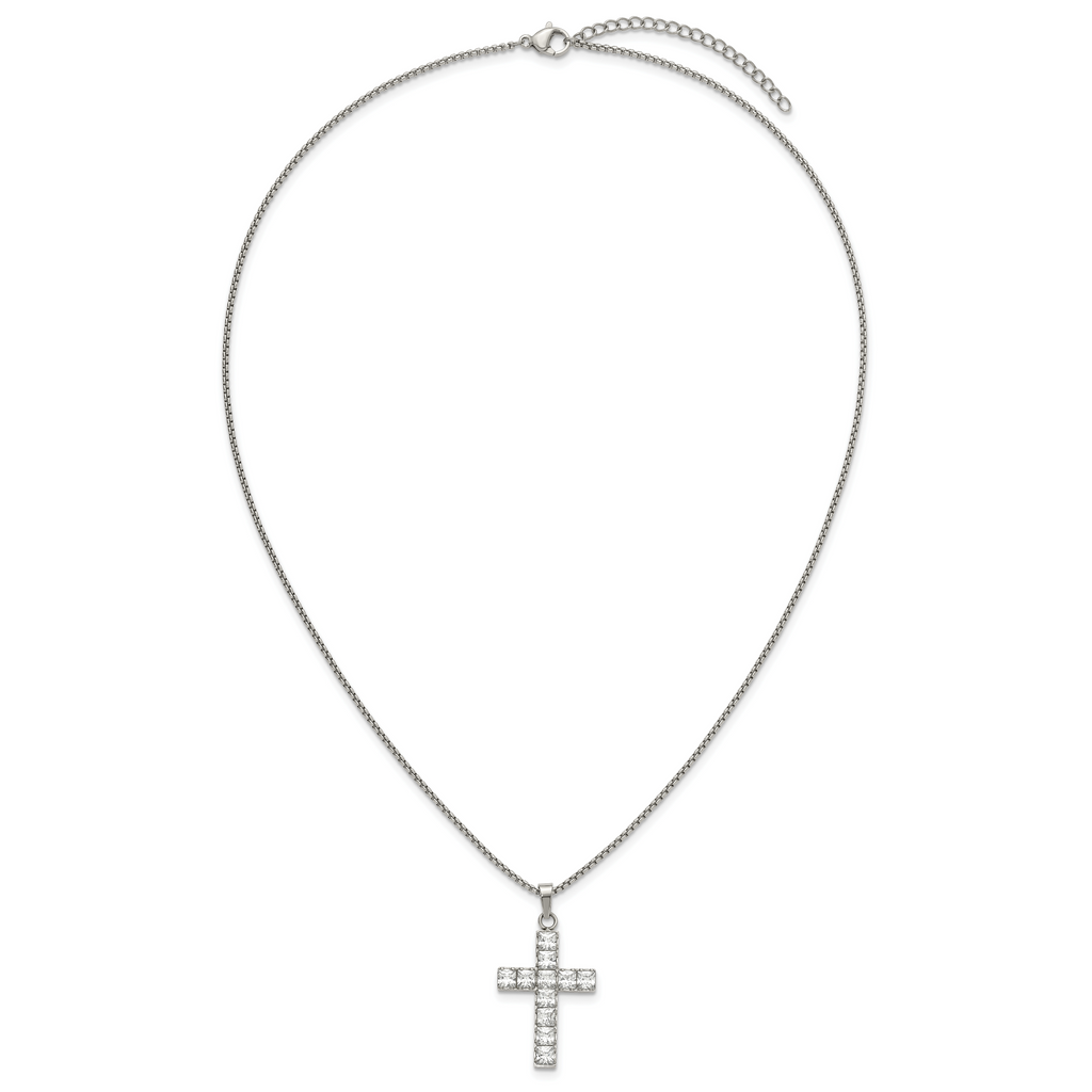 Polished Cubic Zirconia Cross Stainless Steel Necklace 18in