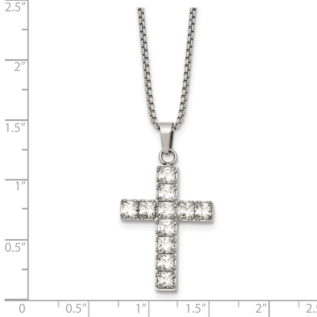 Polished Cubic Zirconia Cross Stainless Steel Necklace 18in
