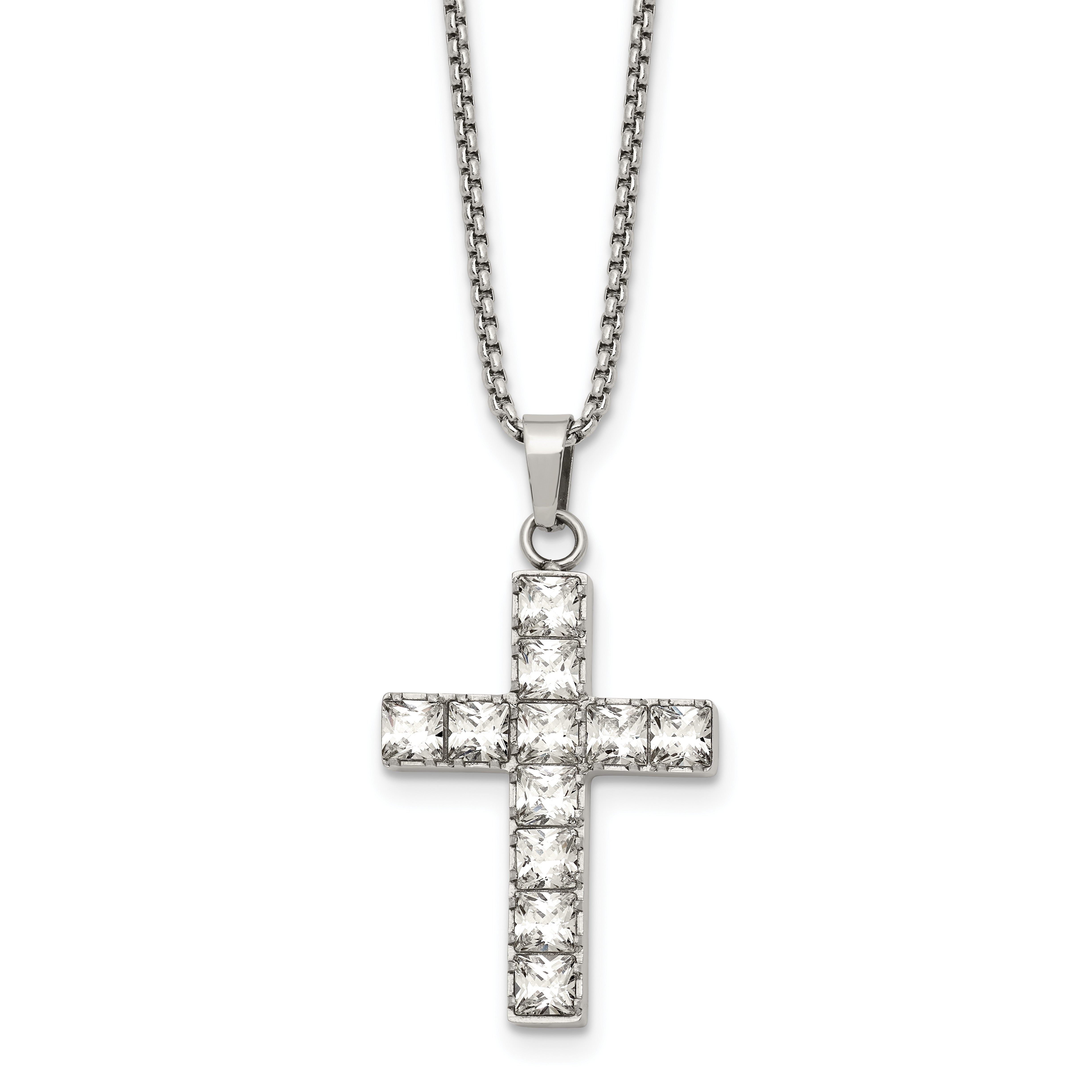Polished Cubic Zirconia Cross Stainless Steel Necklace 18in Main image