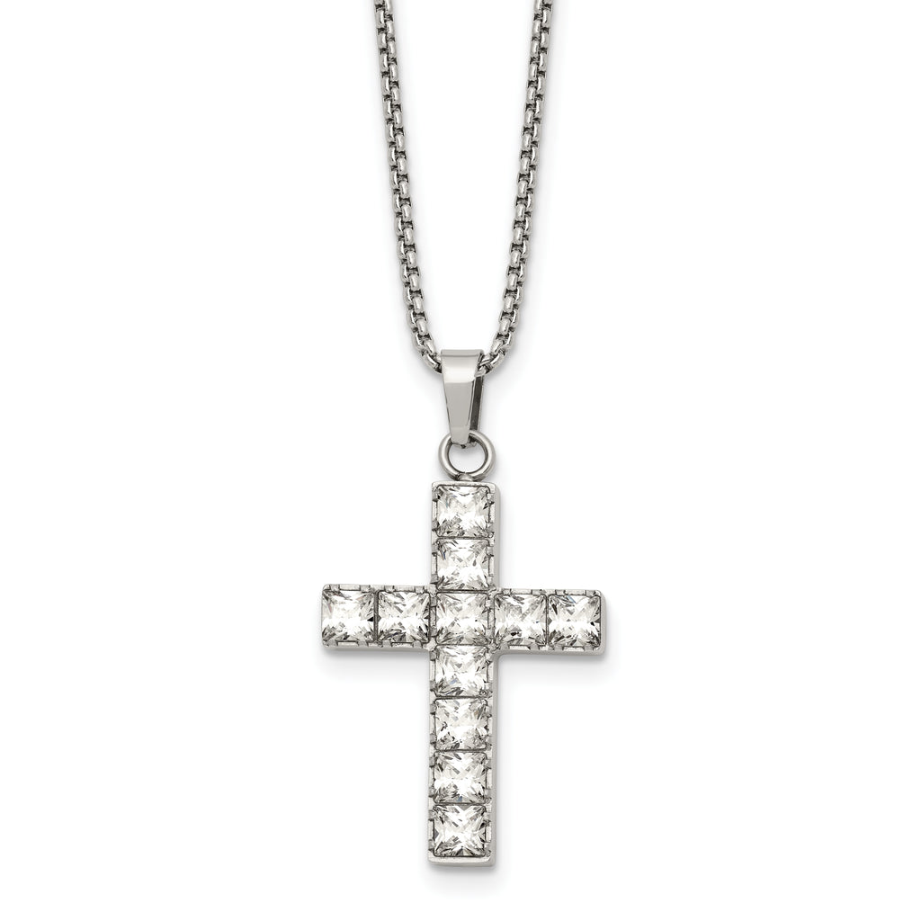 Polished Cubic Zirconia Cross Stainless Steel Necklace 18in