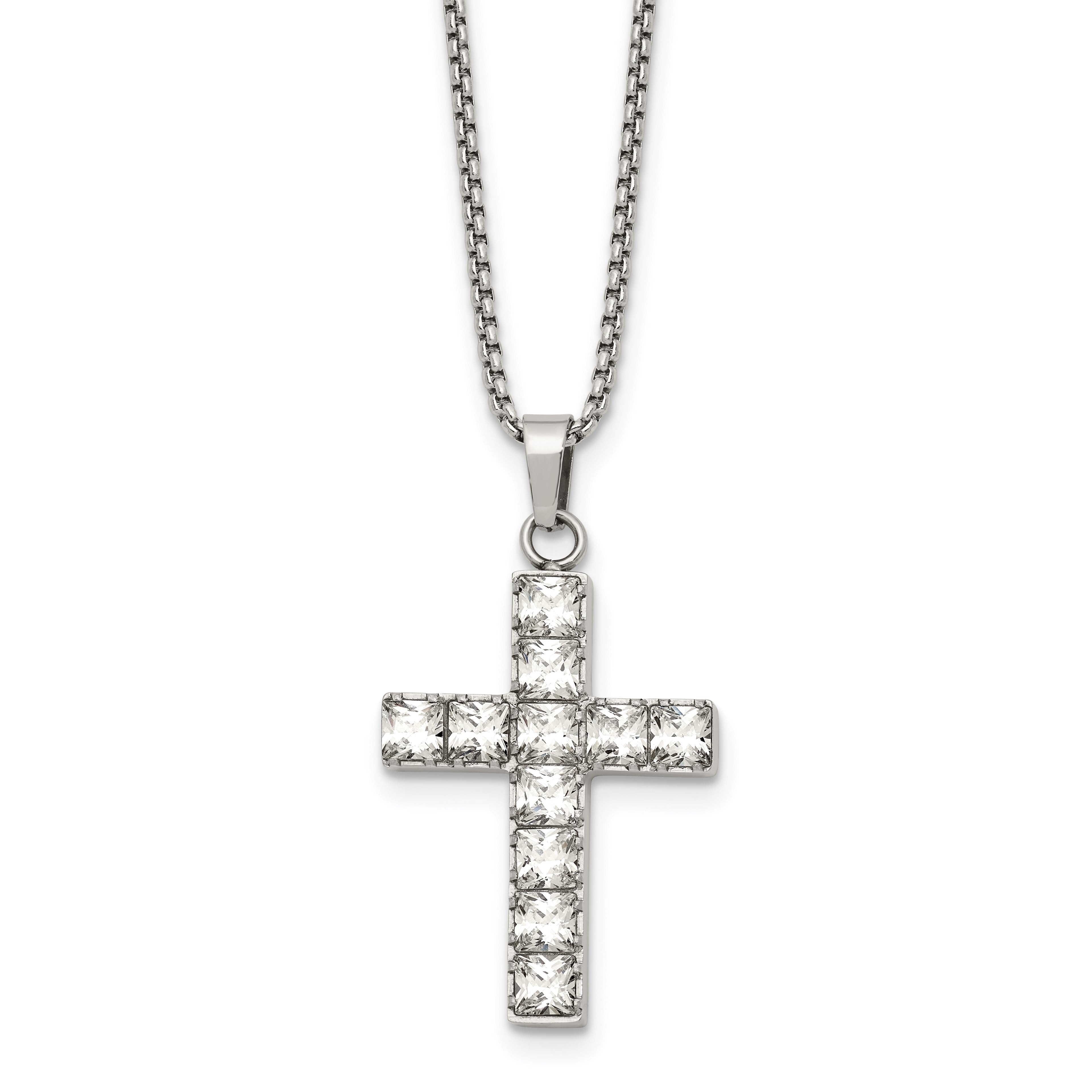 Polished Cubic Zirconia Cross Stainless Steel Necklace 18in