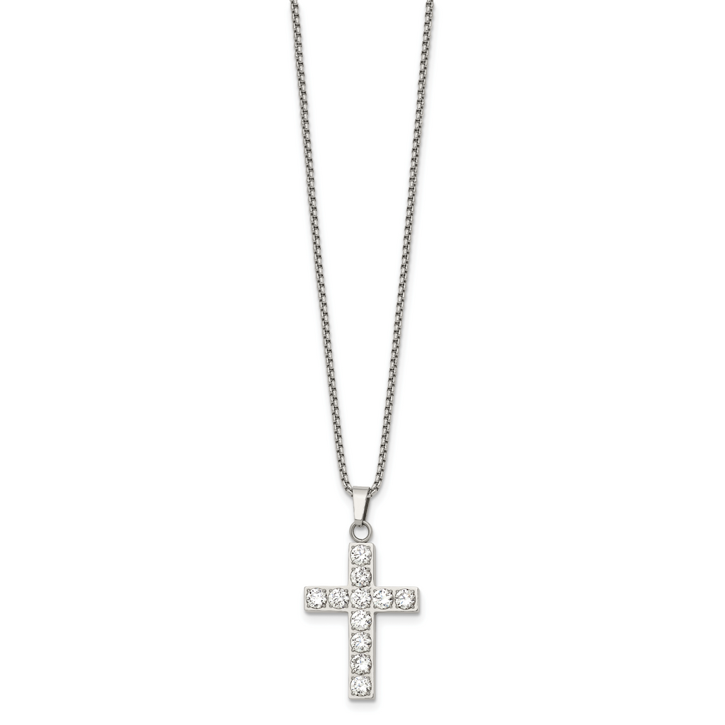 Polished Cubic Zirconia Cross Stainless Steel Necklace 18in