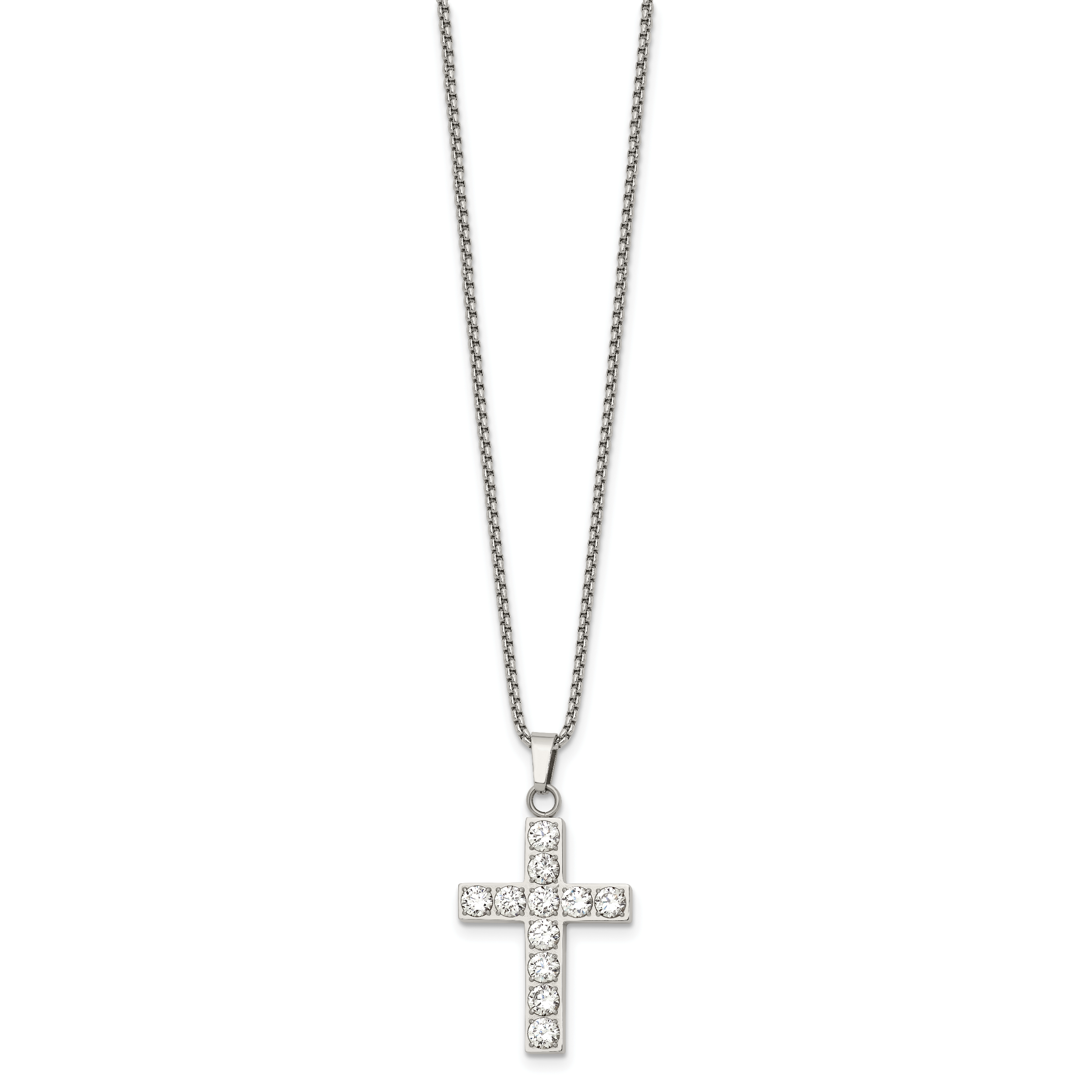 Polished Cubic Zirconia Cross Stainless Steel Necklace 18in
