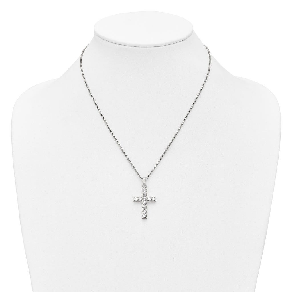 Polished Cubic Zirconia Cross Stainless Steel Necklace 18in