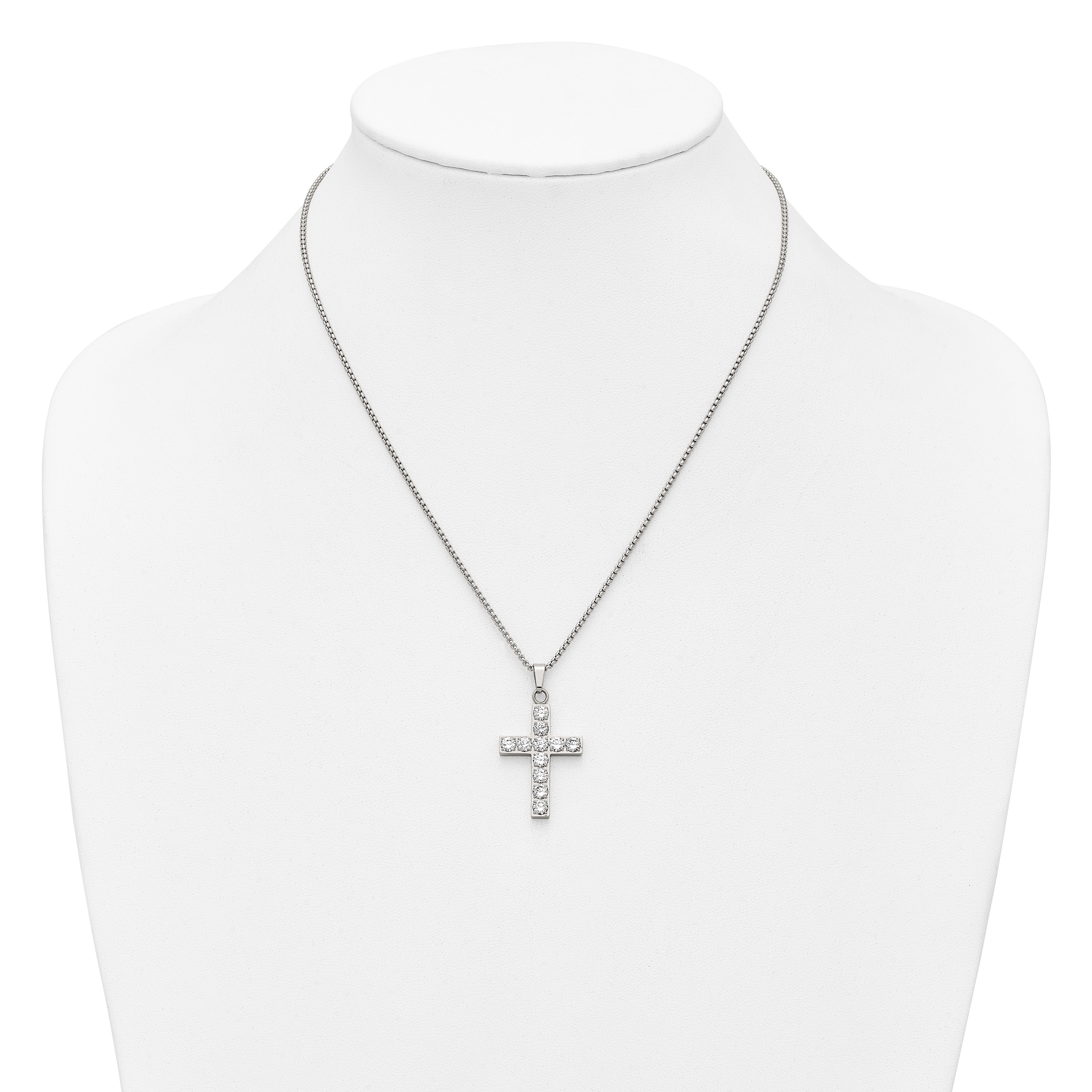 Polished Cubic Zirconia Cross Stainless Steel Necklace 18in