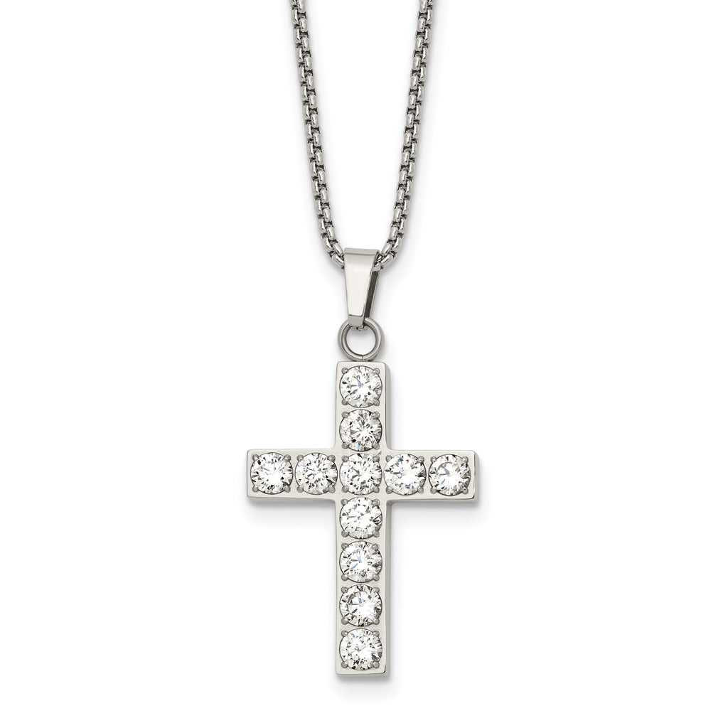 Polished Cubic Zirconia Cross Stainless Steel Necklace 18in