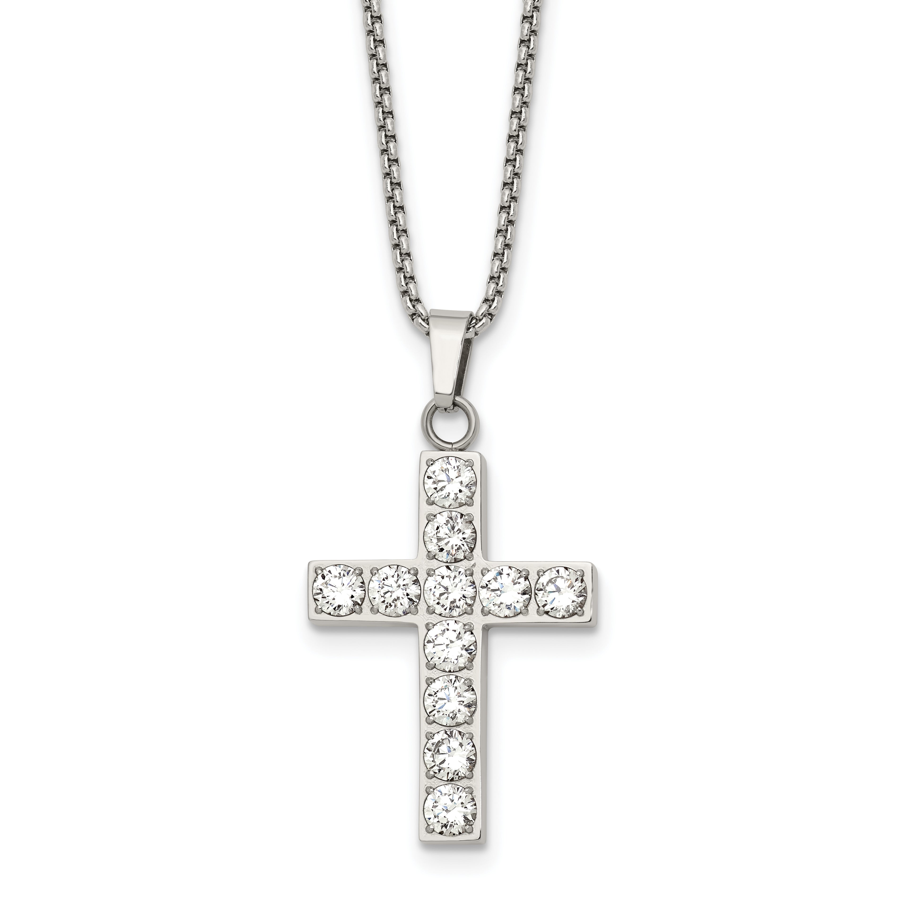 Polished Cubic Zirconia Cross Stainless Steel Necklace 18in