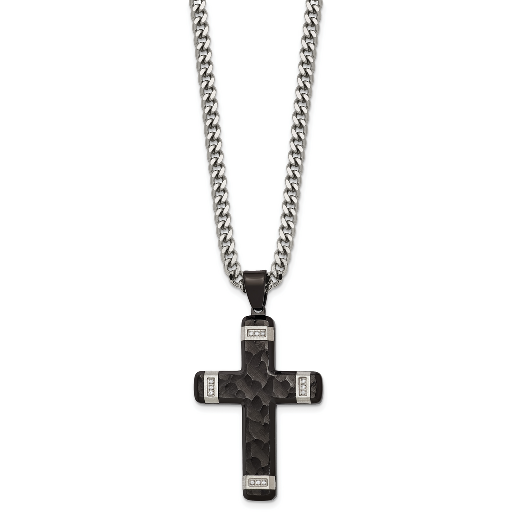 Black Ion-Plated Hammered Cubic Zirconia Cross Stainless Steel Necklace