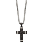 Black Ion-Plated Hammered Cubic Zirconia Cross Stainless Steel Necklace