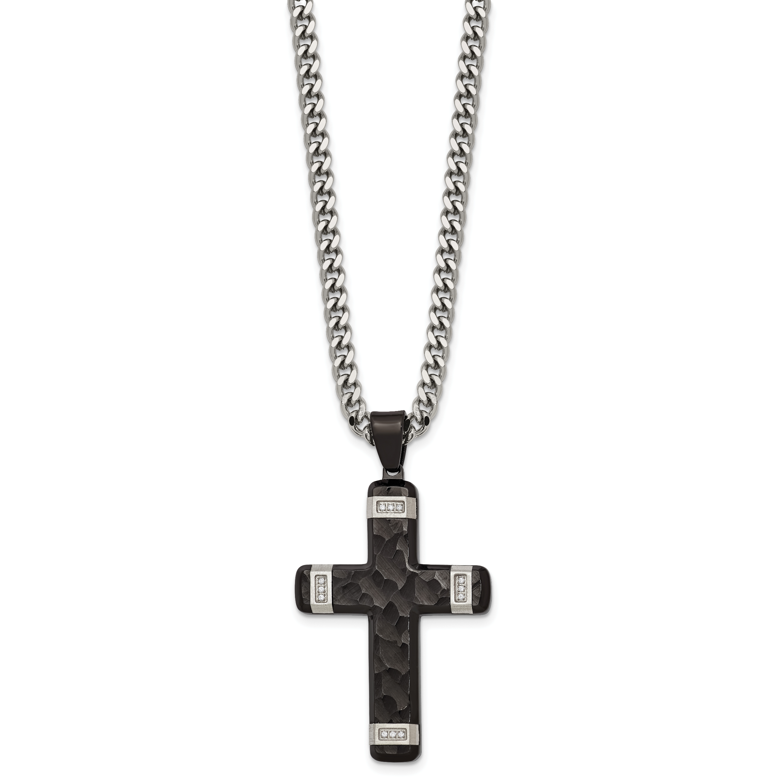 Black Ion-Plated Hammered Cubic Zirconia Cross Stainless Steel Necklace