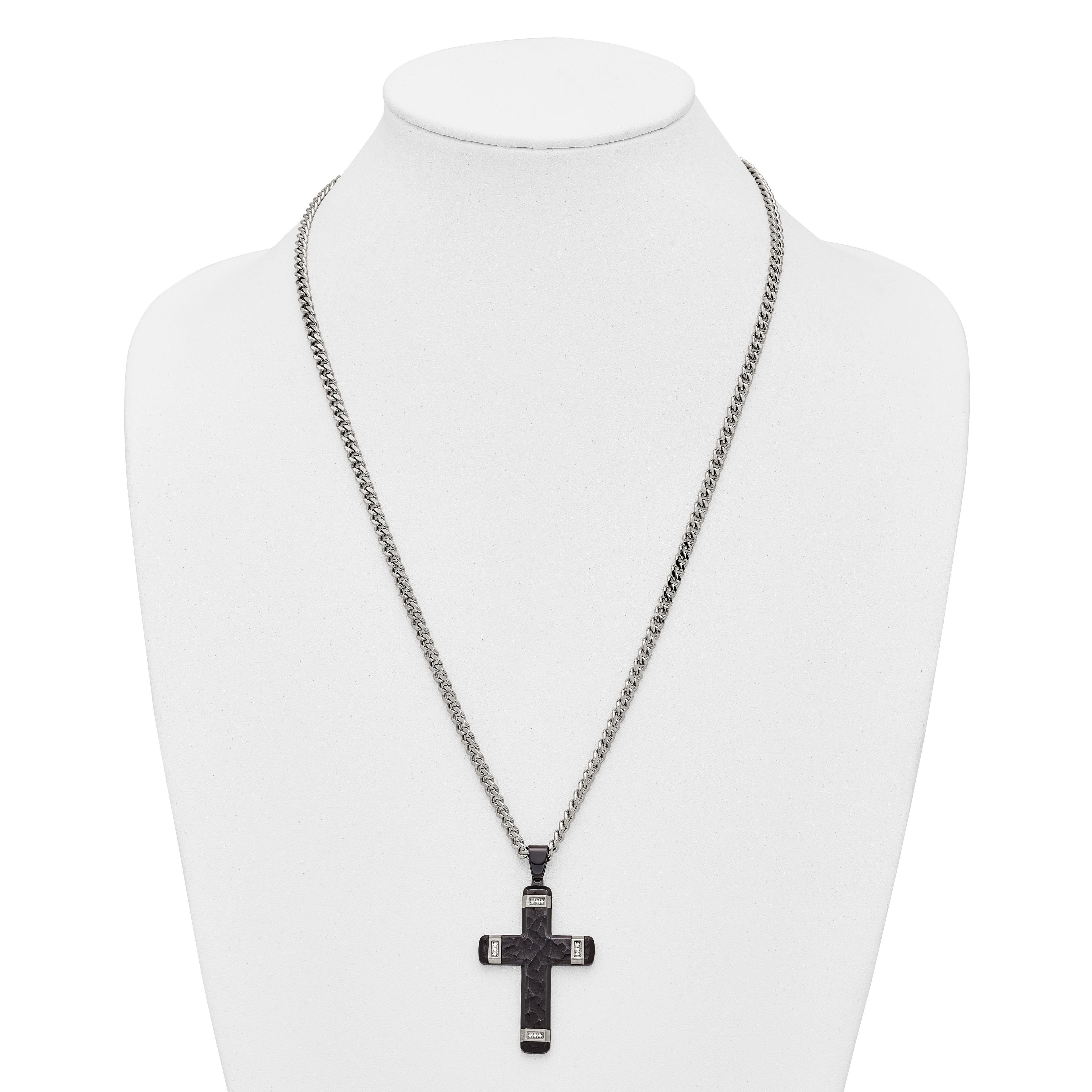 Black Ion-Plated Hammered Cubic Zirconia Cross Stainless Steel Necklace