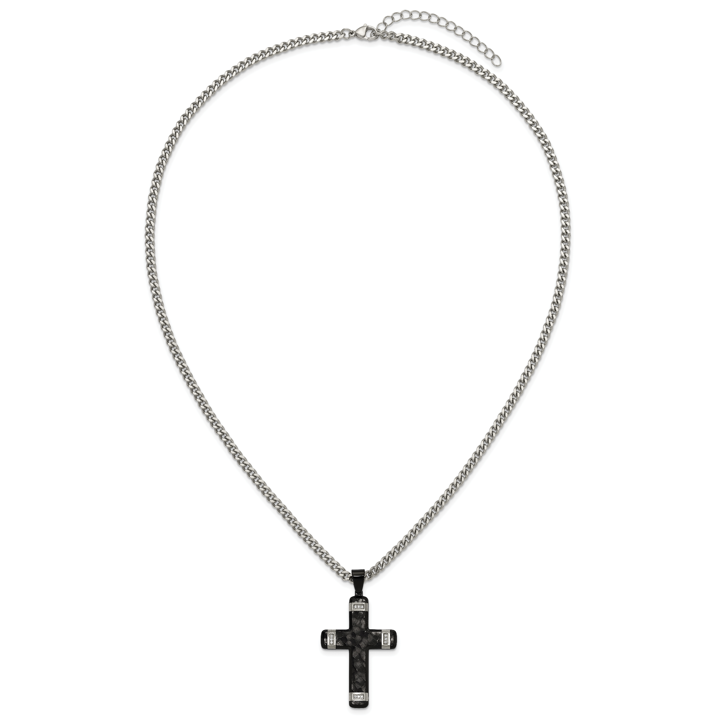 Black Ion-Plated Hammered Cubic Zirconia Cross Stainless Steel Necklace