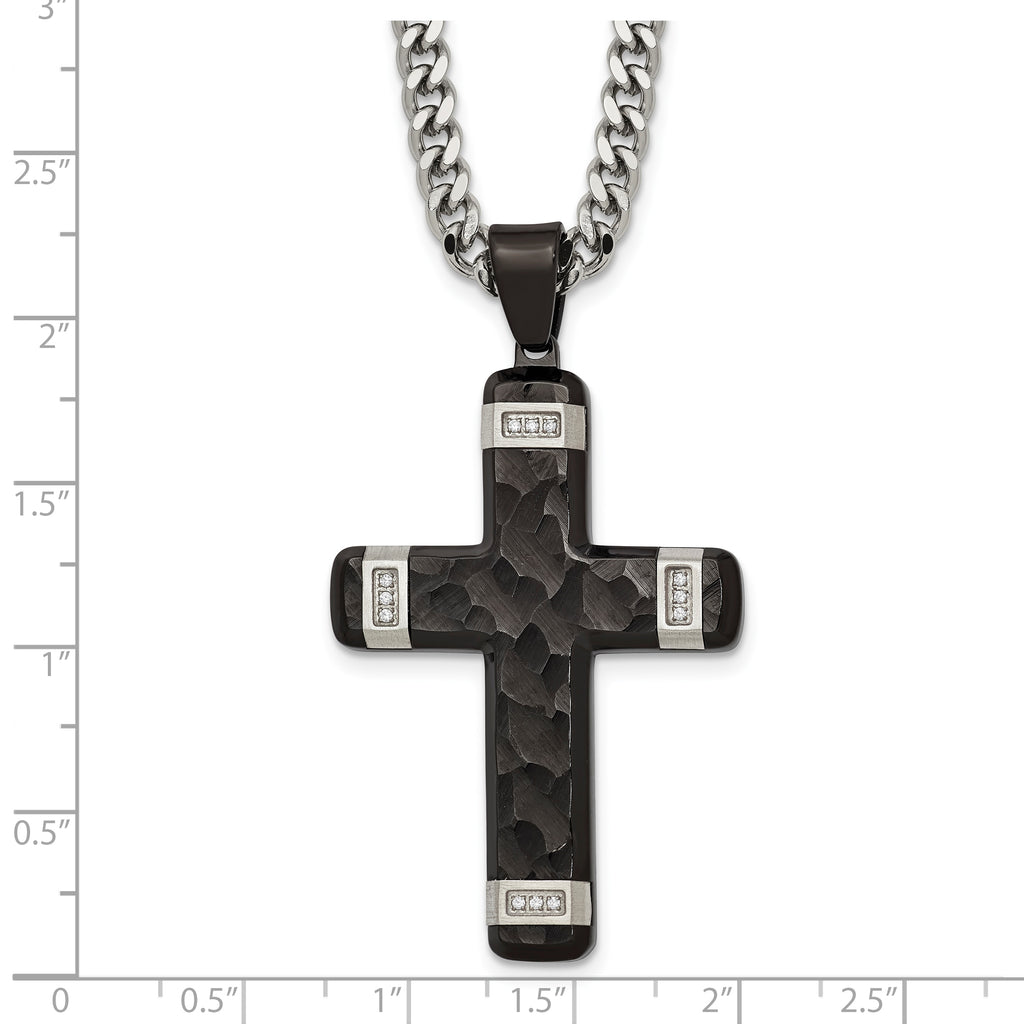 Black Ion-Plated Hammered Cubic Zirconia Cross Stainless Steel Necklace