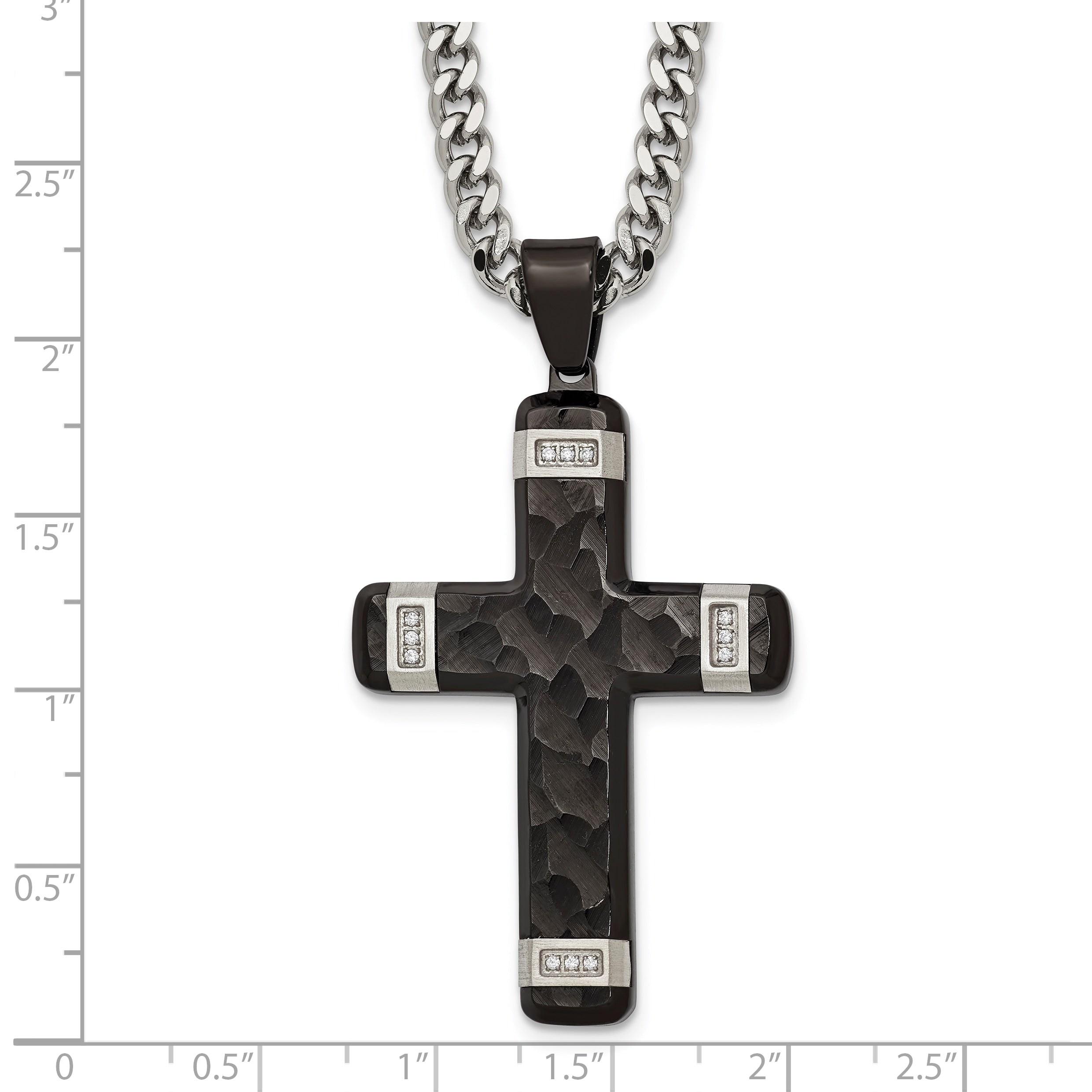 Black Ion-Plated Hammered Cubic Zirconia Cross Stainless Steel Necklace