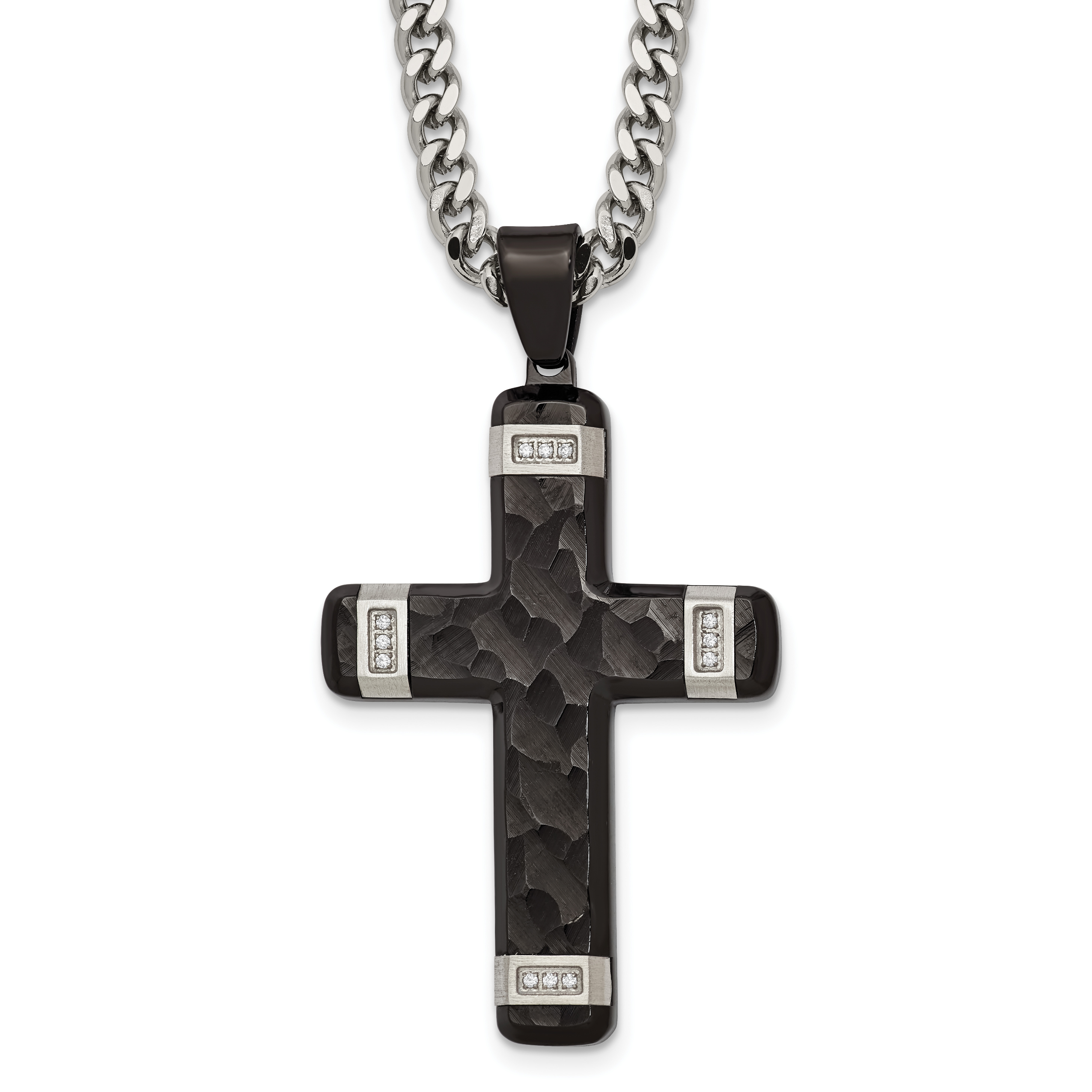 Black Ion-Plated Hammered Cubic Zirconia Cross Stainless Steel Necklace Main image