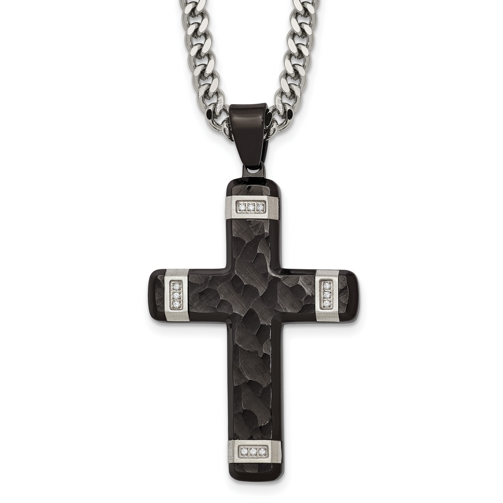 Black Ion-Plated Hammered Cubic Zirconia Cross Stainless Steel Necklace