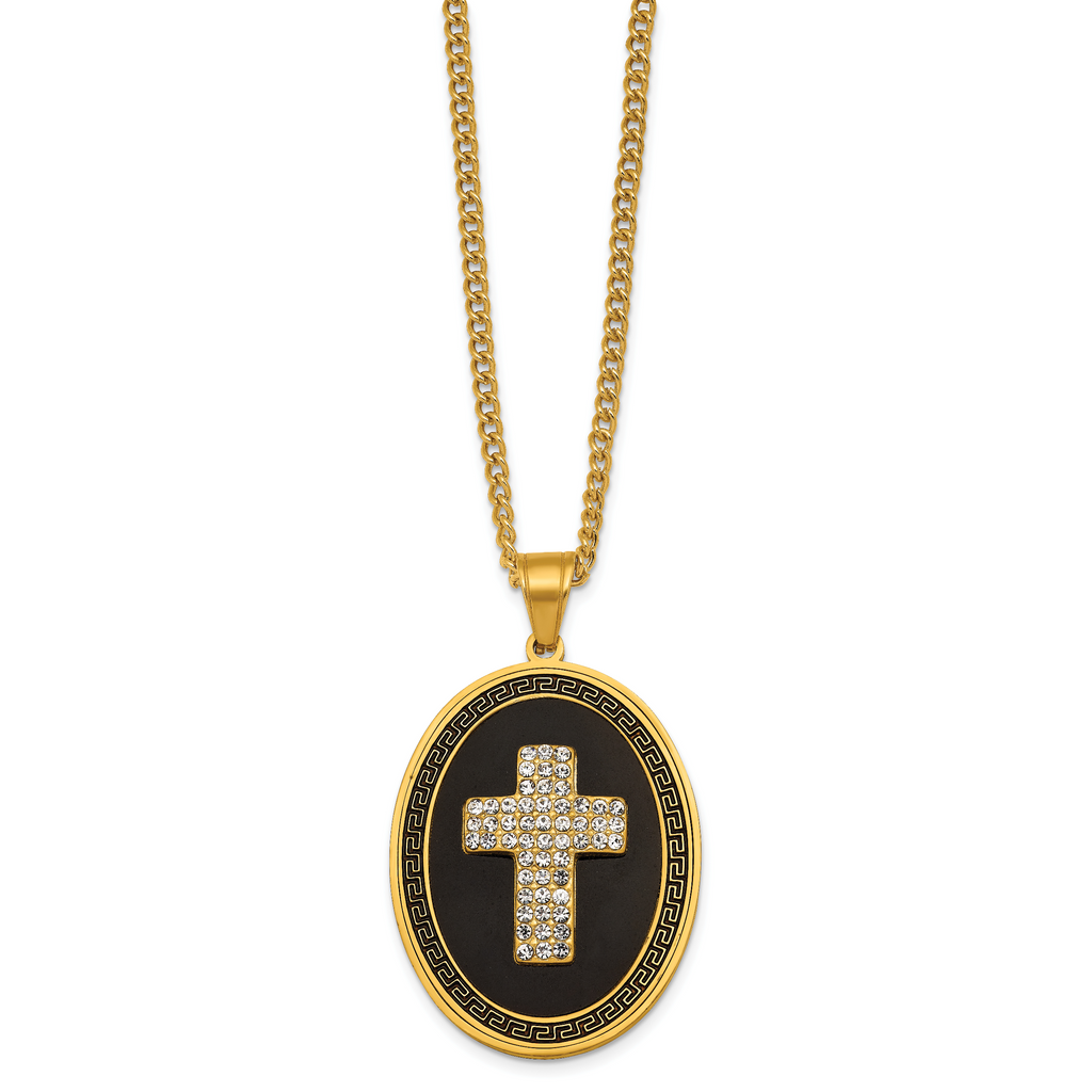 Gold-Tone Polished Crystal Cross Black Enamel Stainless Steel Necklace 3mm
