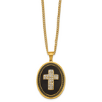 Gold-Tone Polished Crystal Cross Black Enamel Stainless Steel Necklace 3mm
