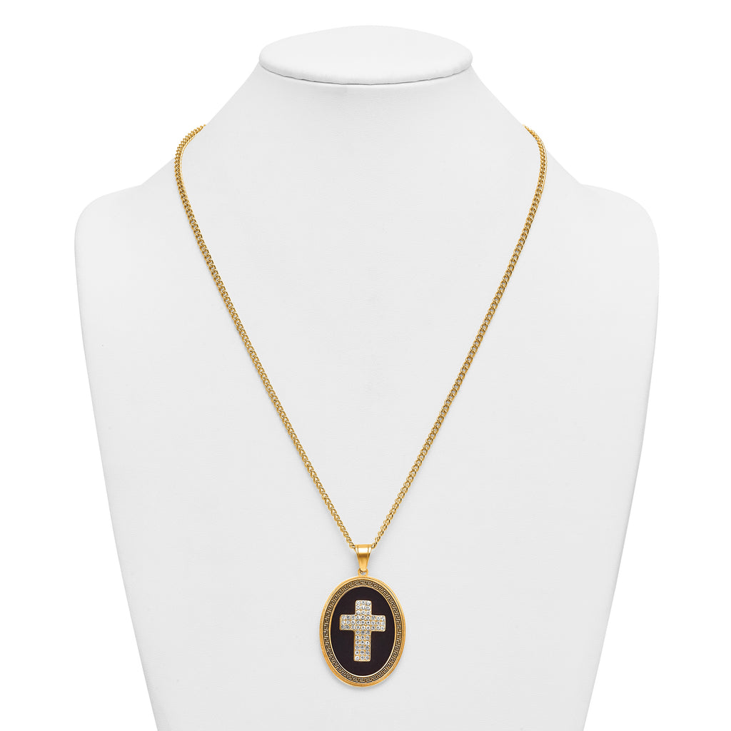 Gold-Tone Polished Crystal Cross Black Enamel Stainless Steel Necklace 3mm