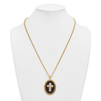 Gold-Tone Polished Crystal Cross Black Enamel Stainless Steel Necklace 3mm